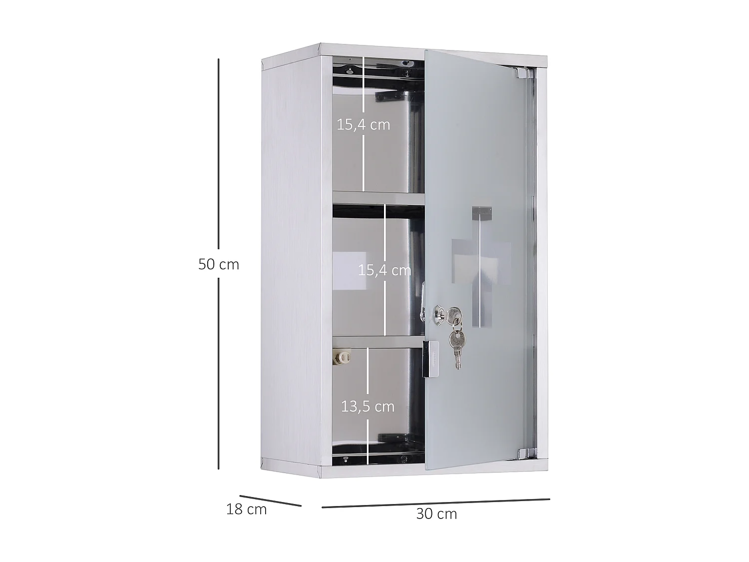 Armário de primeiros socorros em aço inoxidável com fechadura, 30 x 18 x 50 cm