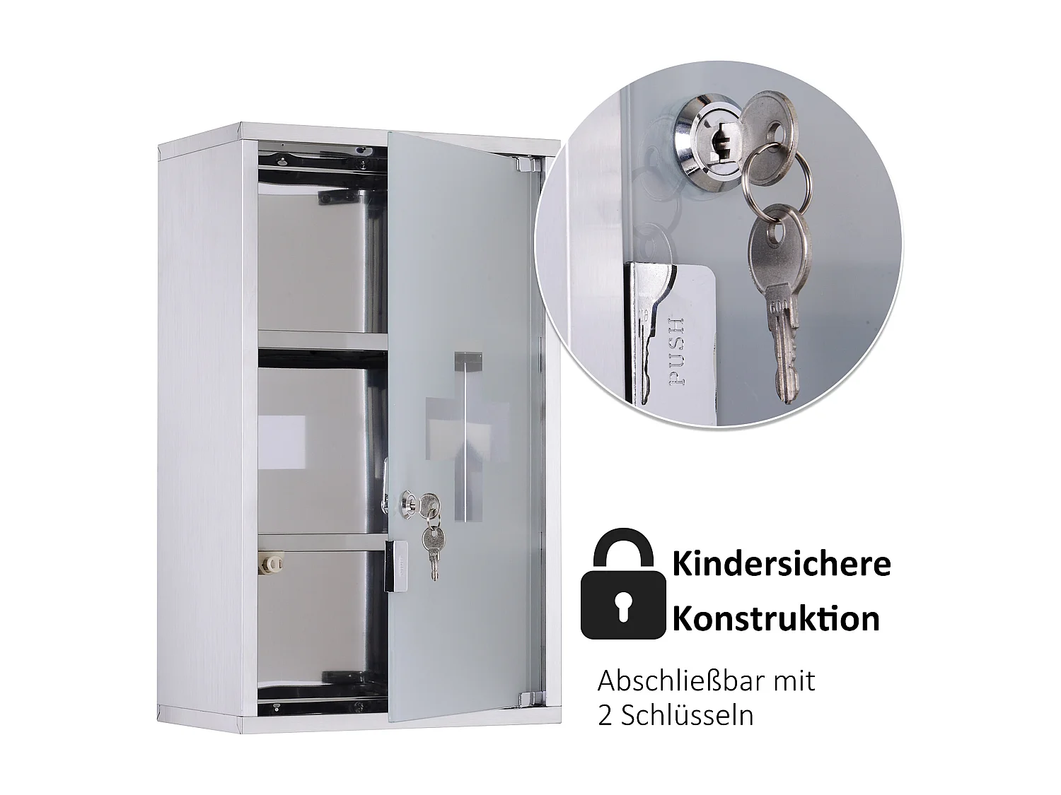 Armário de primeiros socorros em aço inoxidável com fechadura, 30 x 18 x 50 cm