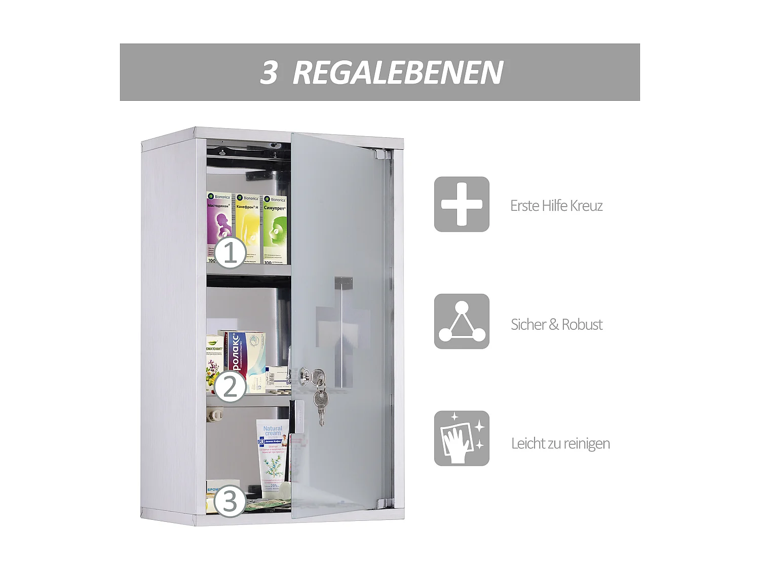 Armário de primeiros socorros em aço inoxidável com fechadura, 30 x 18 x 50 cm