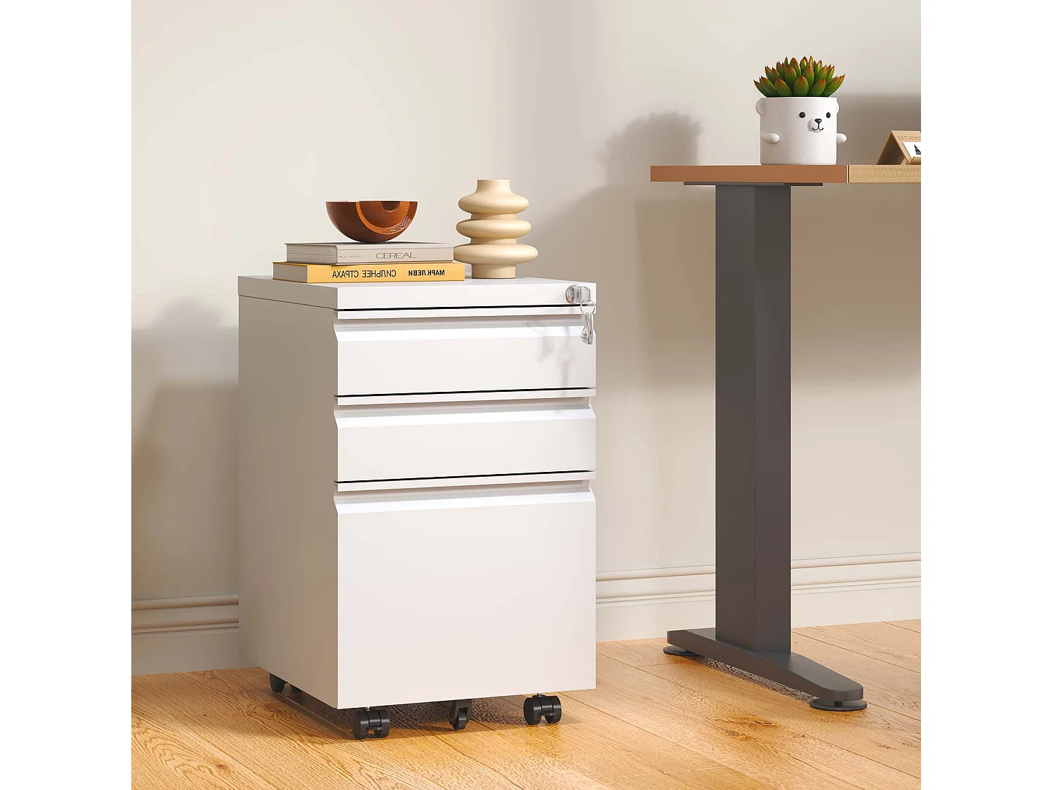 Caixas móveis para impressoras com 3 gavetas e fecho - Armários de arquivo em metal para escritório em casa