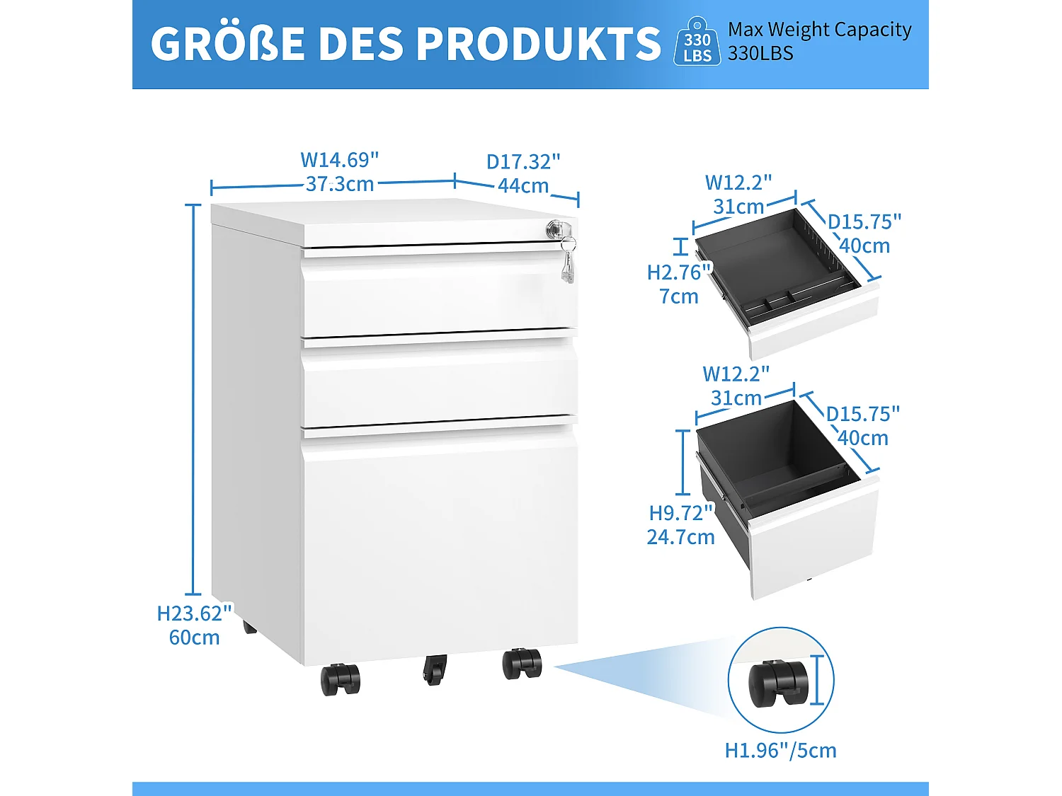 Caixas móveis para impressoras com 3 gavetas e fecho - Armários de arquivo em metal para escritório em casa