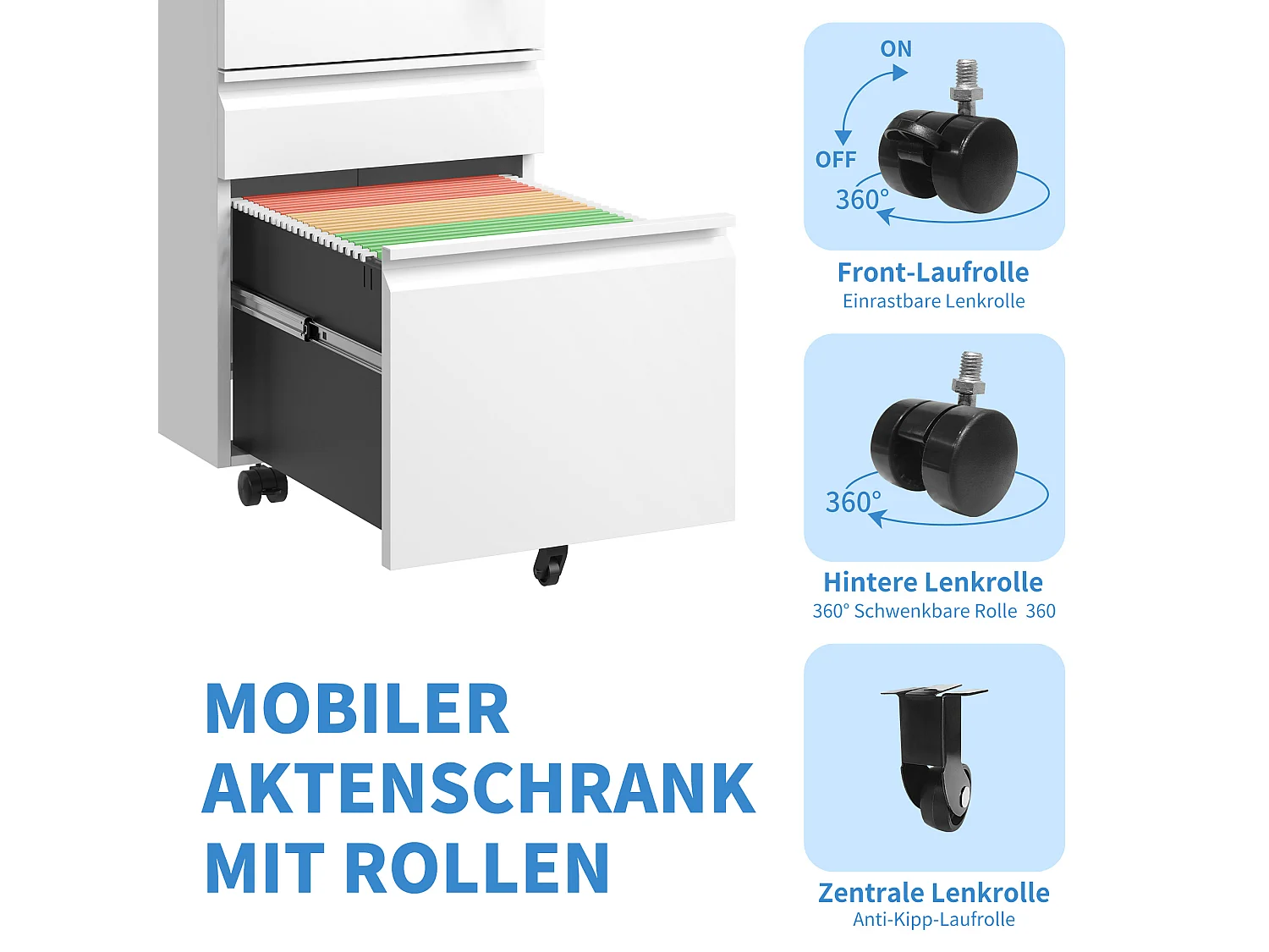 Caixas móveis para impressoras com 3 gavetas e fecho - Armários de arquivo em metal para escritório em casa