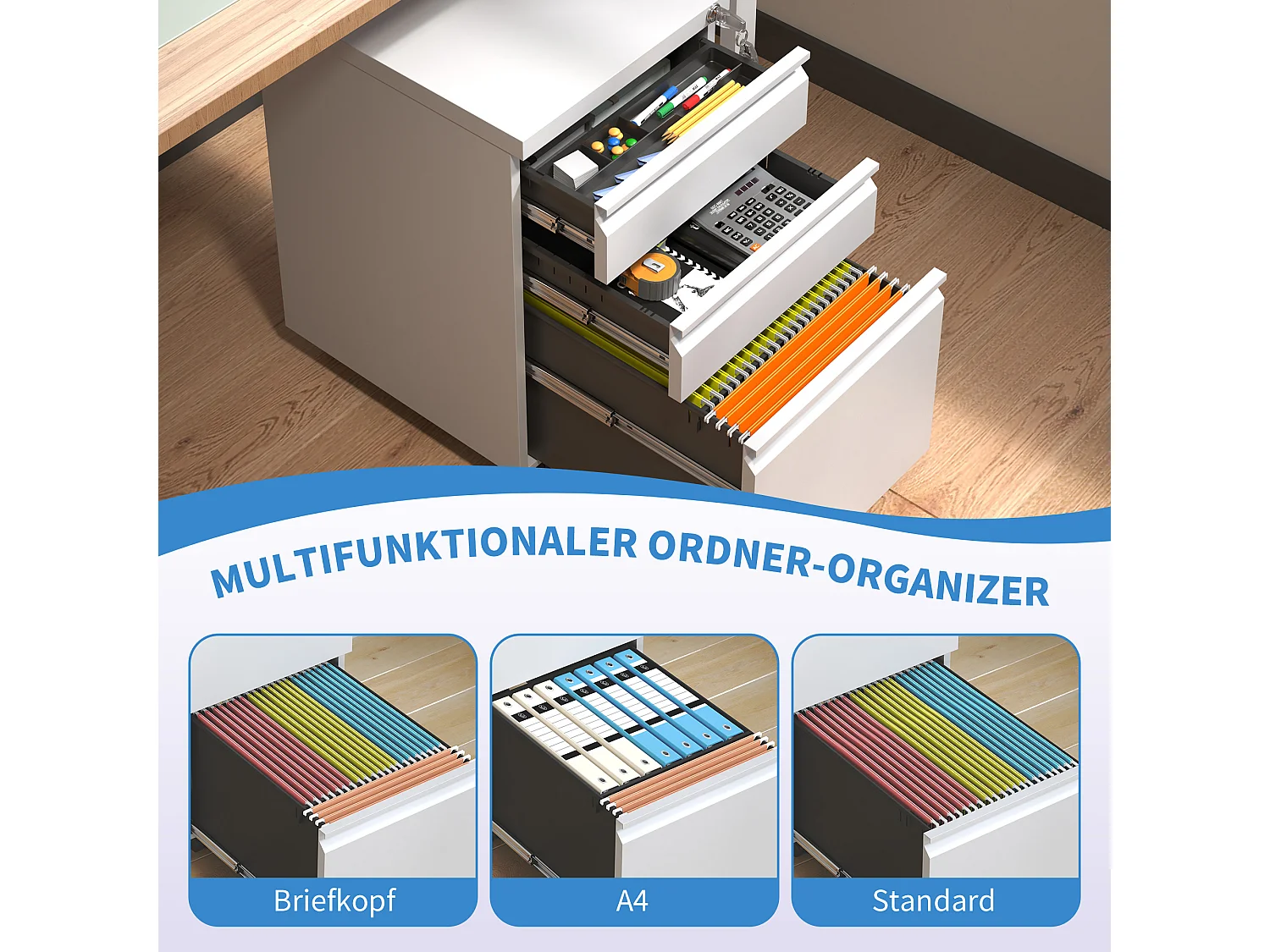 Caixas móveis para impressoras com 3 gavetas e fecho - Armários de arquivo em metal para escritório em casa