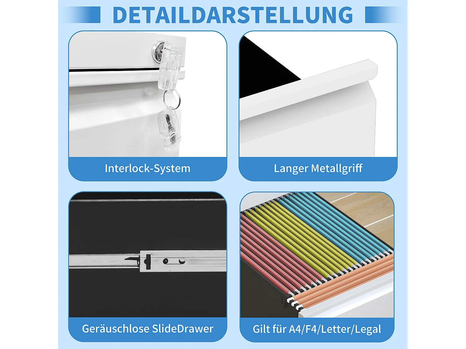 Caixas móveis para impressoras com 3 gavetas e fecho - Armários de arquivo em metal para escritório em casa