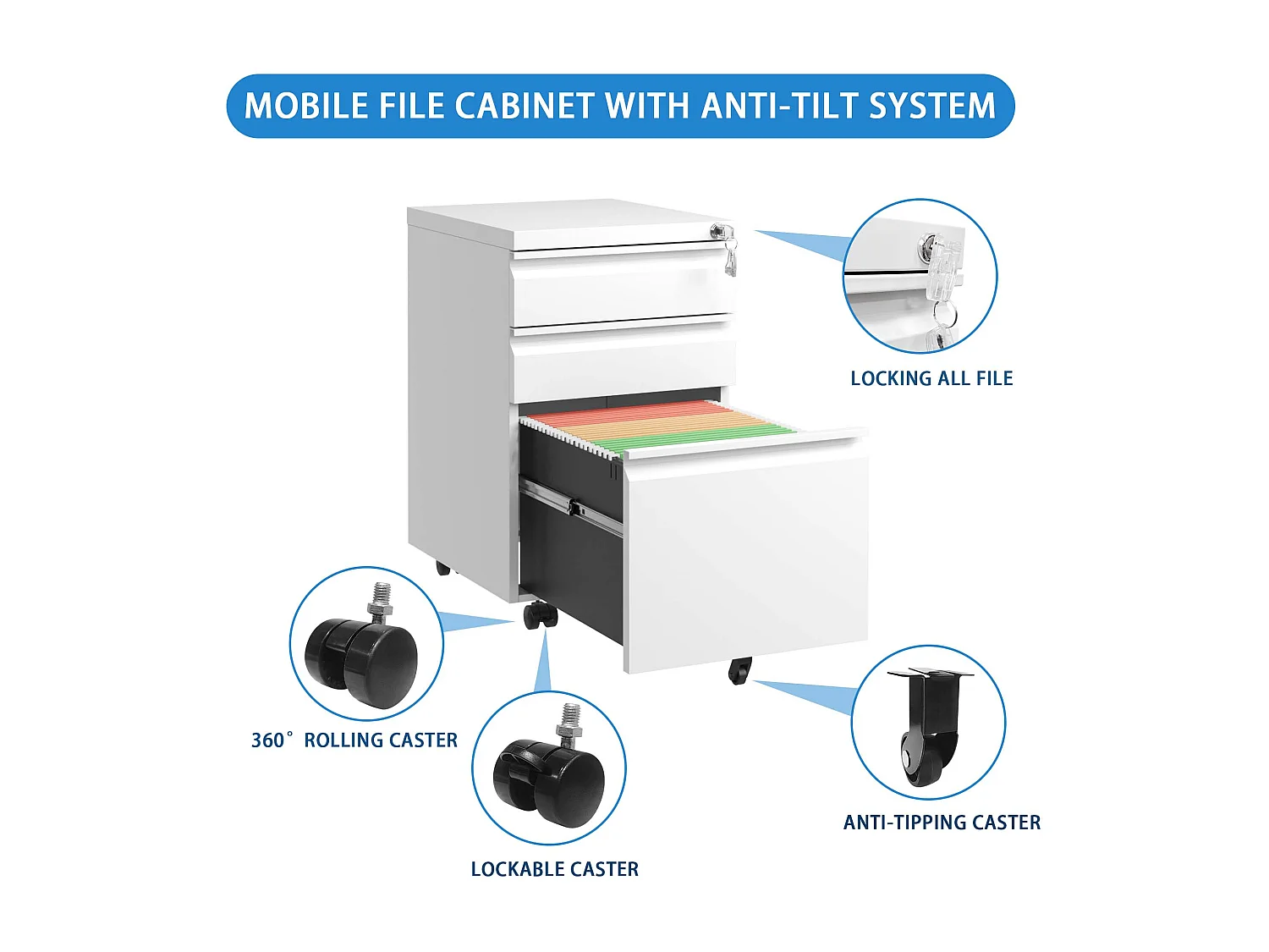 Caixas móveis para impressoras com 3 gavetas e fecho - Armários de arquivo em metal para escritório em casa