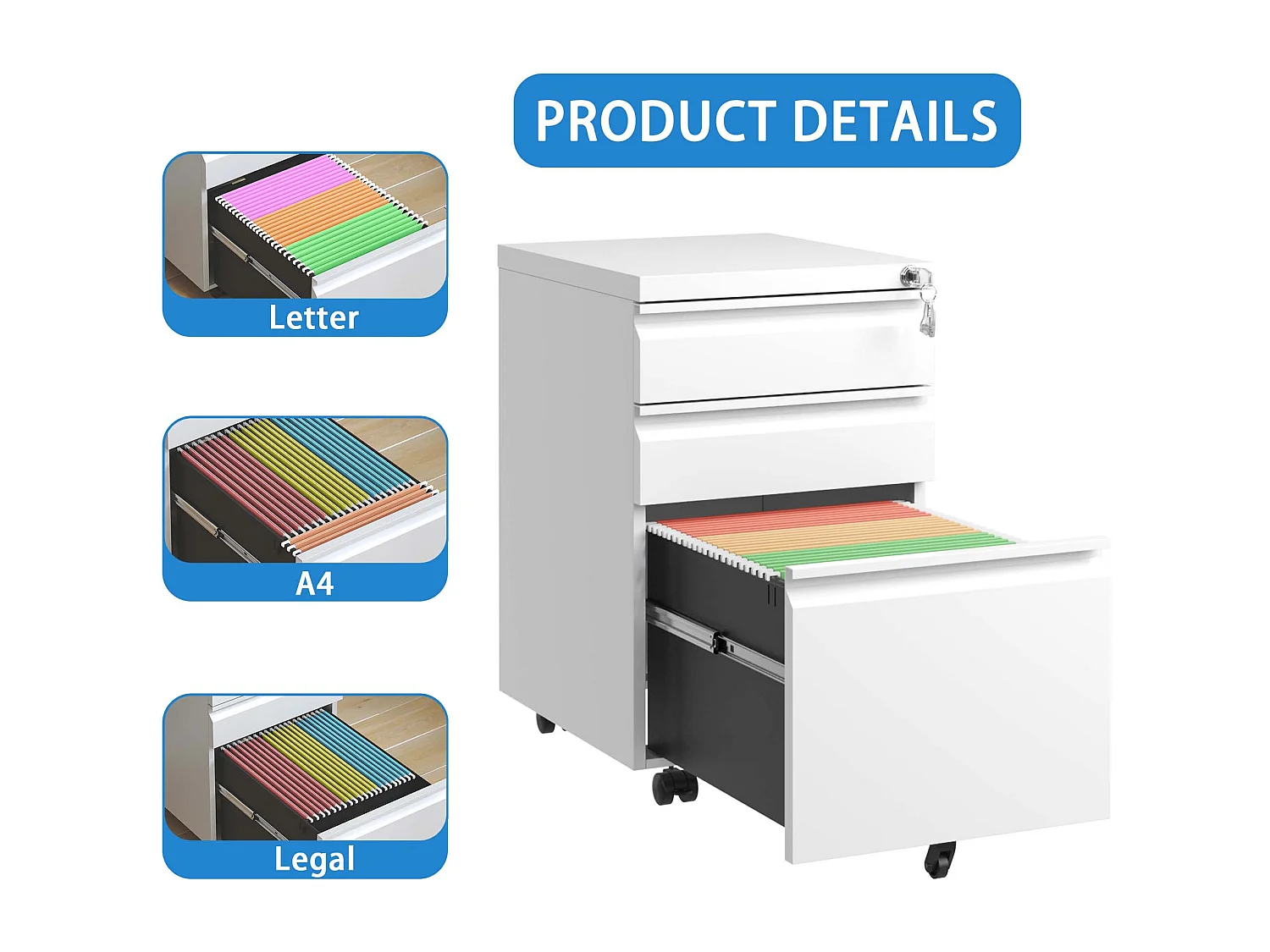 Caixas móveis para impressoras com 3 gavetas e fecho - Armários de arquivo em metal para escritório em casa