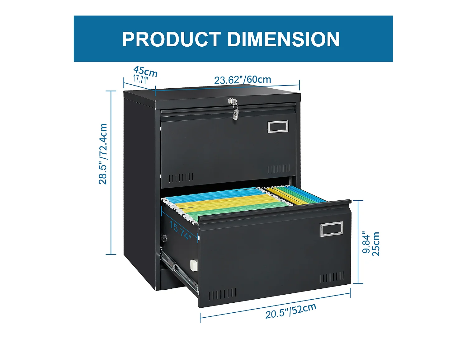Seitlicher Aktenschrank aus Metall mit 2 Schubladen und Schloss, vertikaler Aktenschrank für das Home Office