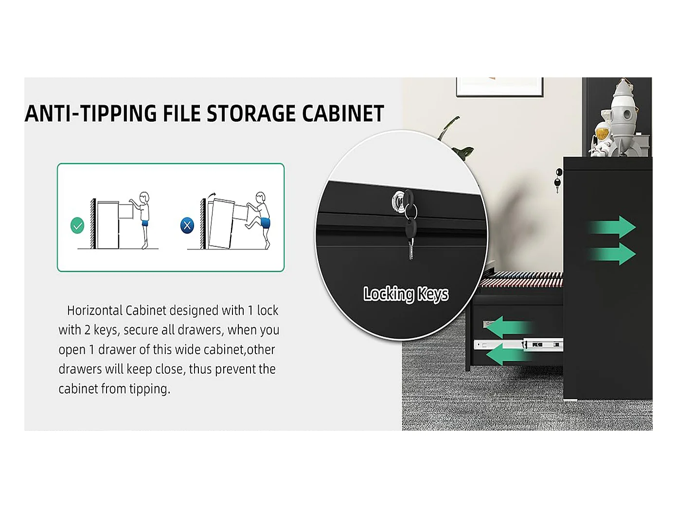 Seitlicher Aktenschrank aus Metall mit 2 Schubladen und Schloss, vertikaler Aktenschrank für das Home Office