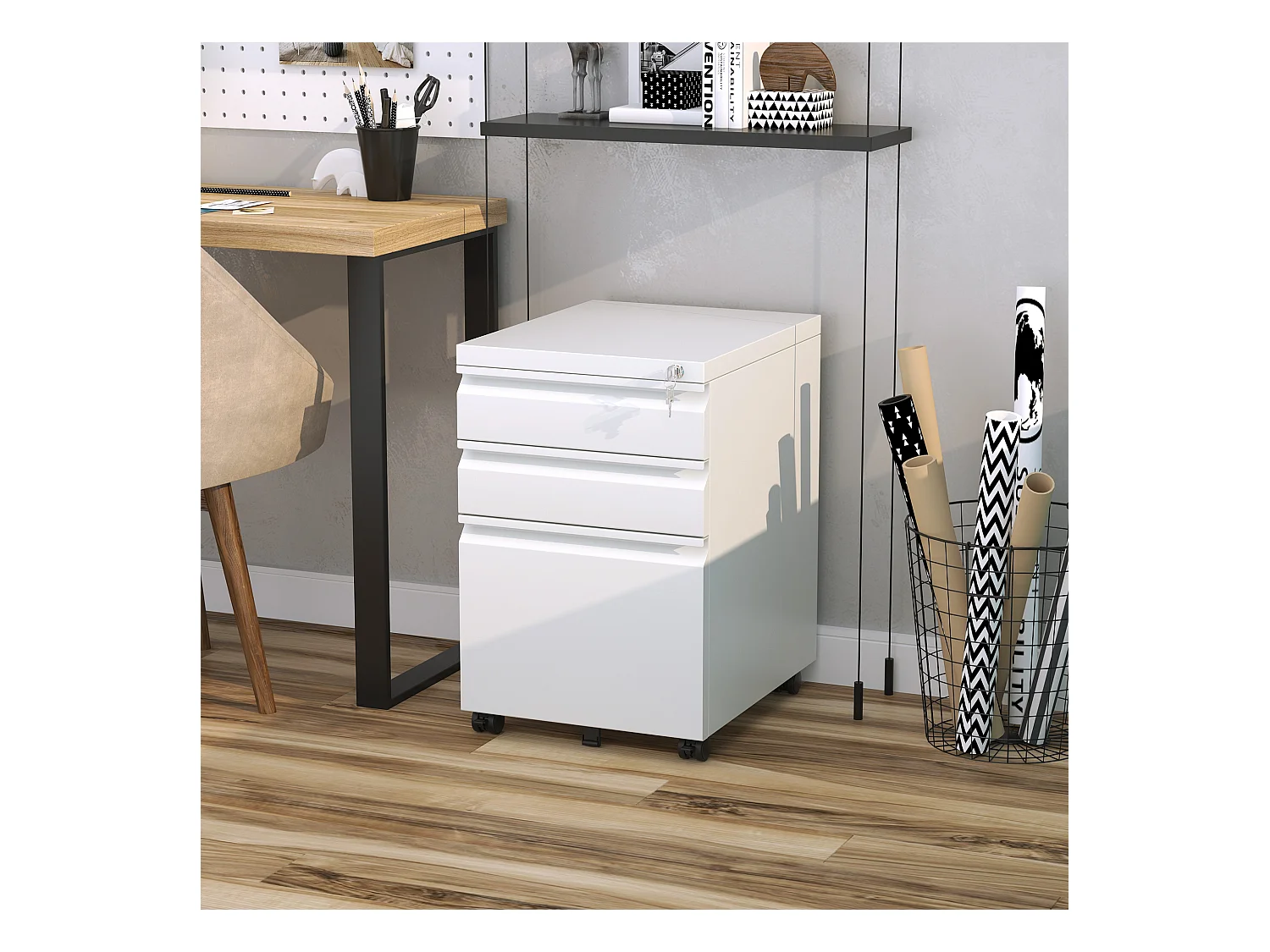 Rollbarer Aktenschrank mit 3 Schubladen und Rollen, kompakter Stahl mit konkavem Griff, weiß