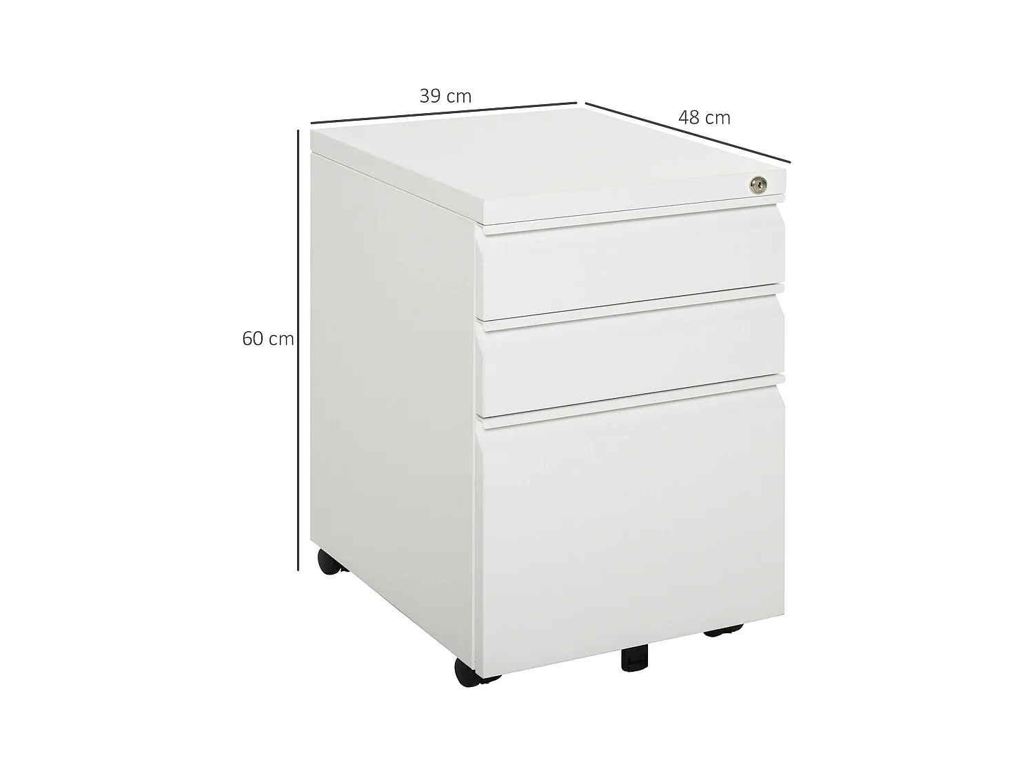 Rollbarer Aktenschrank mit 3 Schubladen und Rollen, kompakter Stahl mit konkavem Griff, weiß