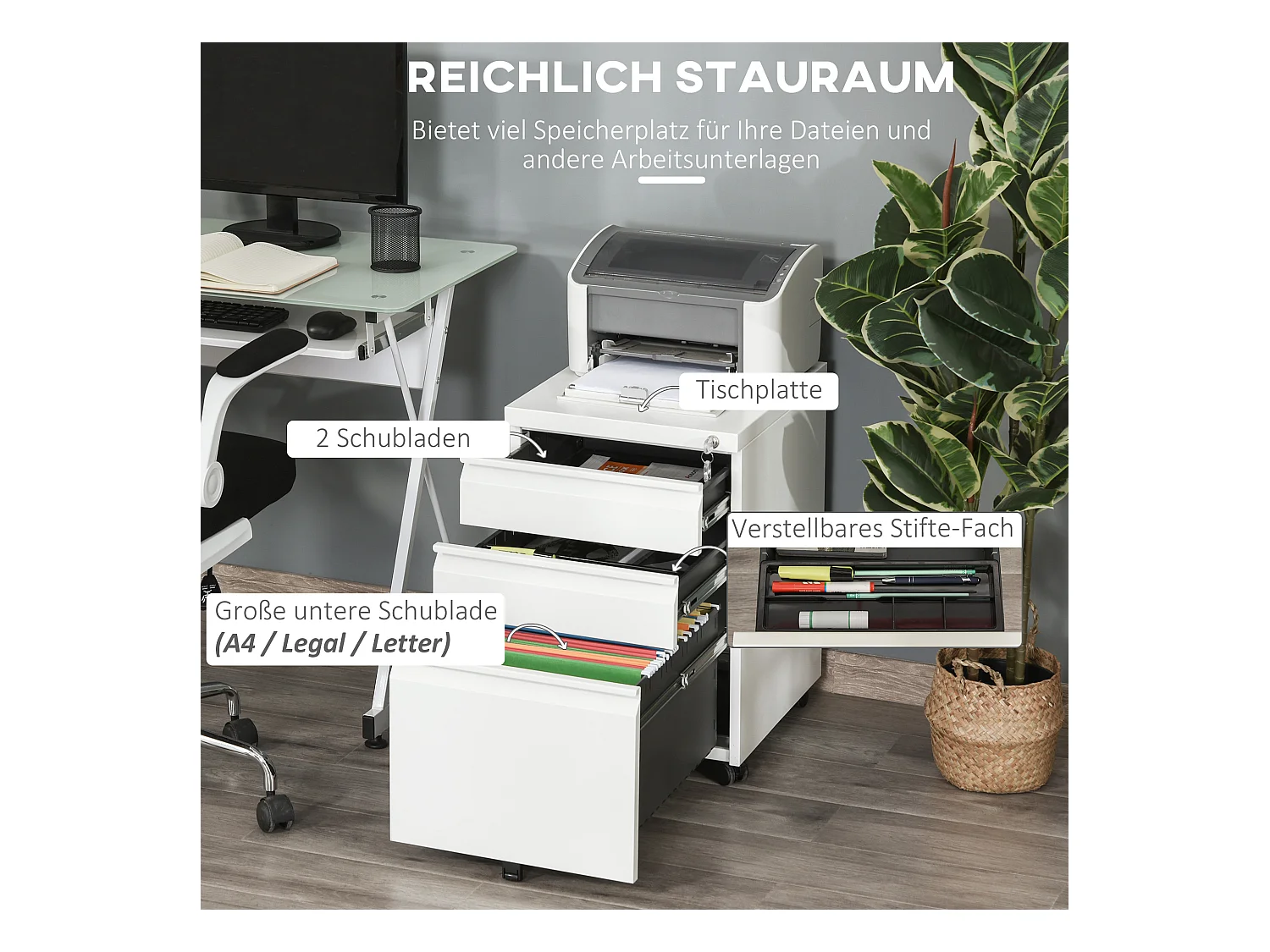 Rollbarer Aktenschrank mit 3 Schubladen und Rollen, kompakter Stahl mit konkavem Griff, weiß