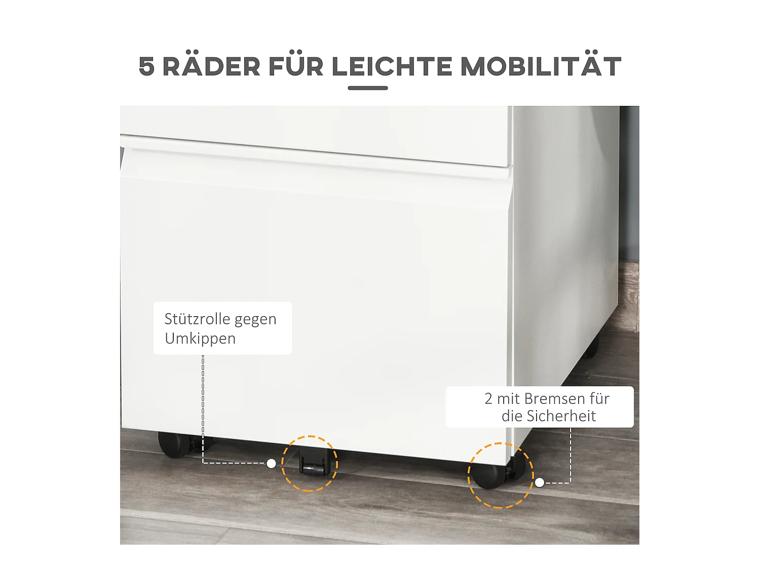 Rollbarer Aktenschrank mit 3 Schubladen und Rollen, kompakter Stahl mit konkavem Griff, weiß