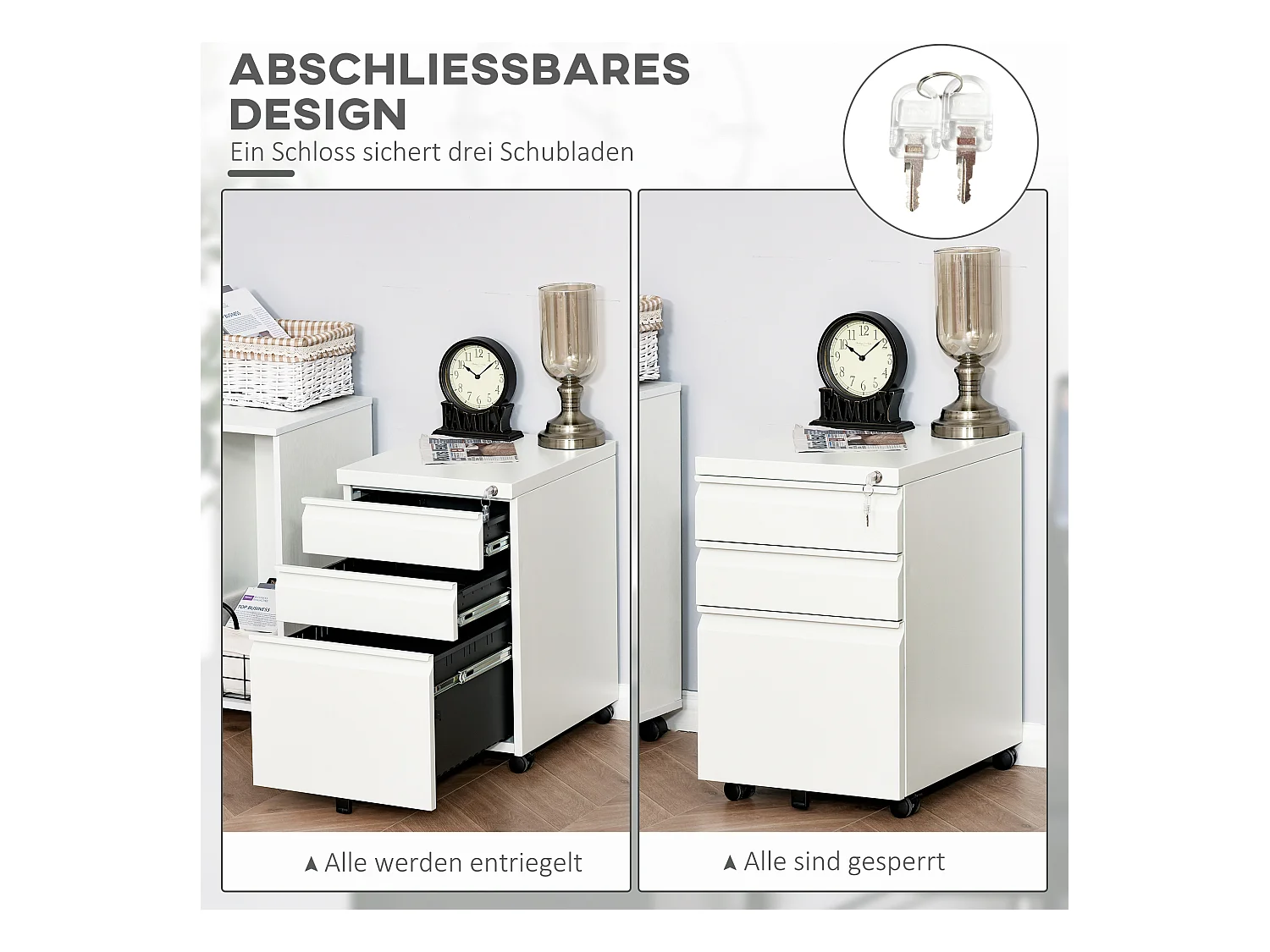 Rollbarer Aktenschrank mit 3 Schubladen und Rollen, kompakter Stahl mit konkavem Griff, weiß