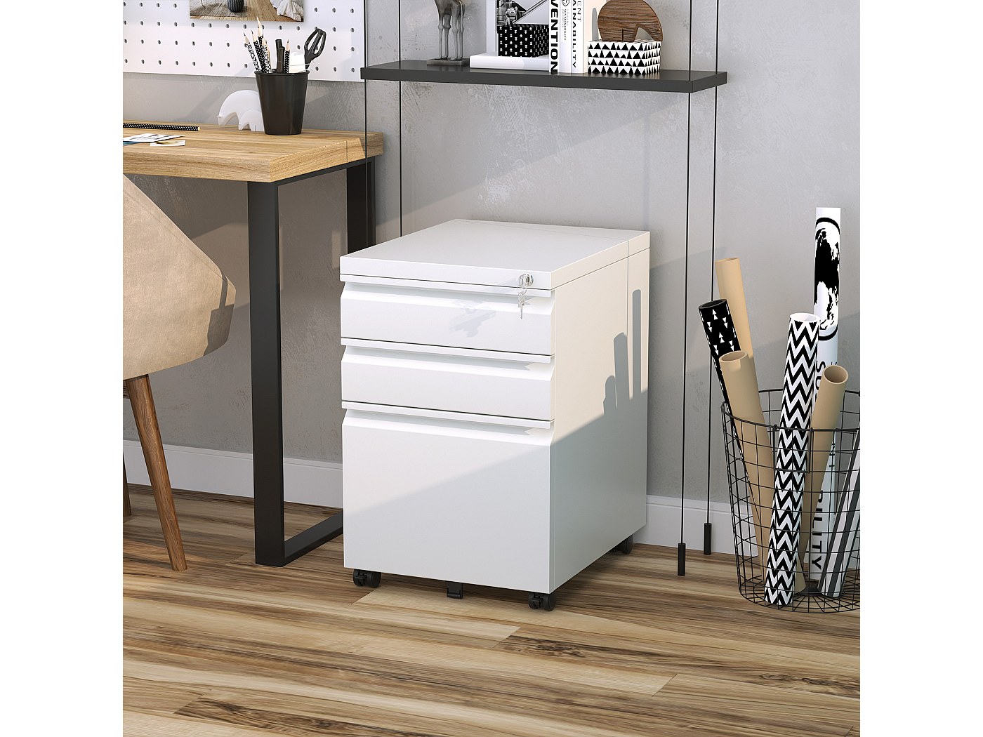 Mobiele Archiefkast Met 3 Laden En Wielen, Compact Staal Met Concave Handgreep Wit