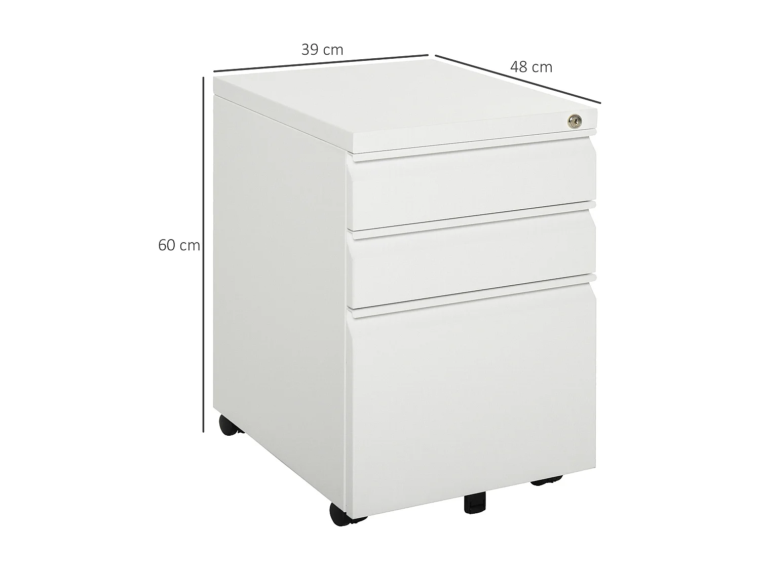 Rollbarer Aktenschrank mit 3 Schubladen und Rollen, kompakter Stahl mit konkavem Griff, weiß