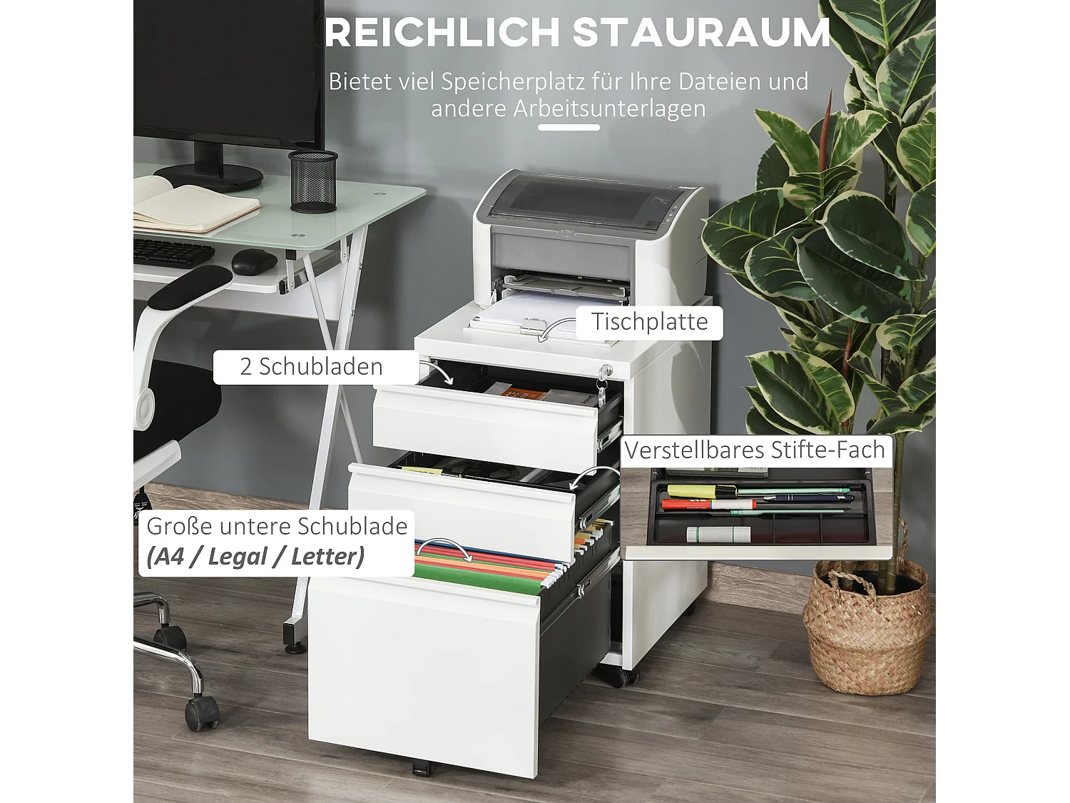 Rollbarer Aktenschrank mit 3 Schubladen und Rollen, kompakter Stahl mit konkavem Griff, weiß