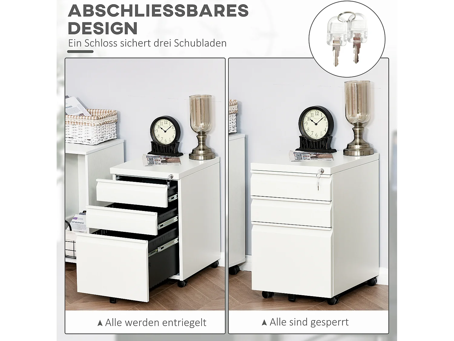 Rollbarer Aktenschrank mit 3 Schubladen und Rollen, kompakter Stahl mit konkavem Griff, weiß