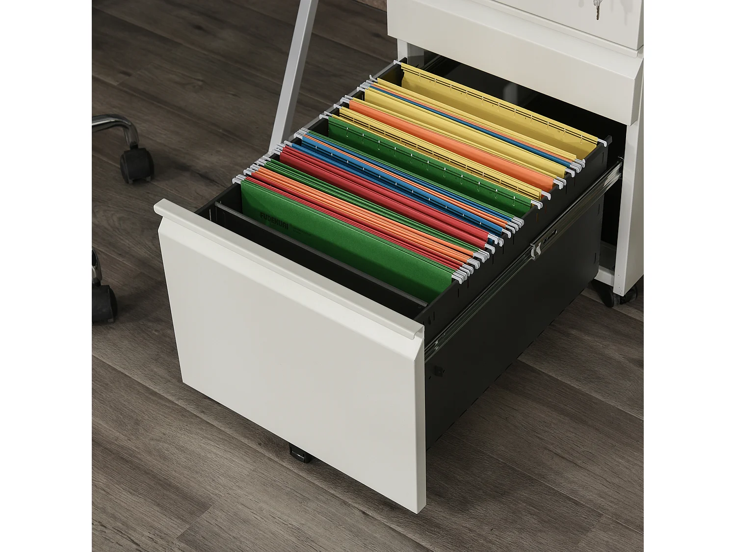 Rollbarer Aktenschrank mit 3 Schubladen und Rollen, kompakter Stahl mit konkavem Griff, weiß