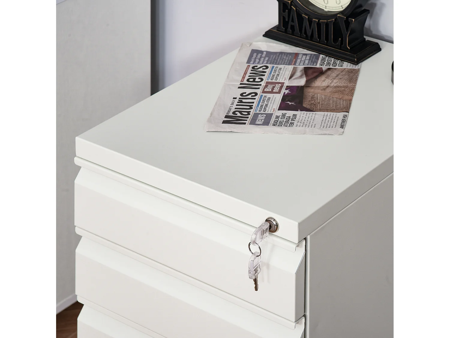 Rollbarer Aktenschrank mit 3 Schubladen und Rollen, kompakter Stahl mit konkavem Griff, weiß