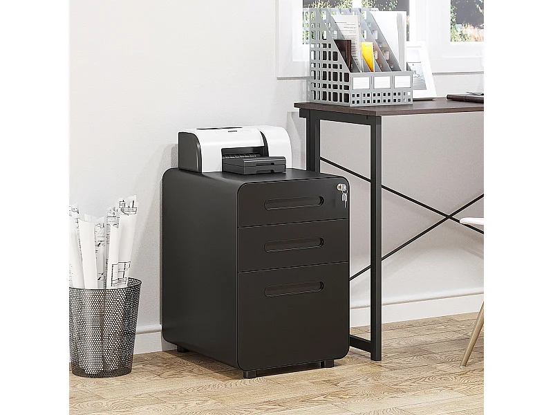 Armário de arquivo móvel com 3 gavetas, armário de escritório, aço preto, 39 x 48 x 59 cm