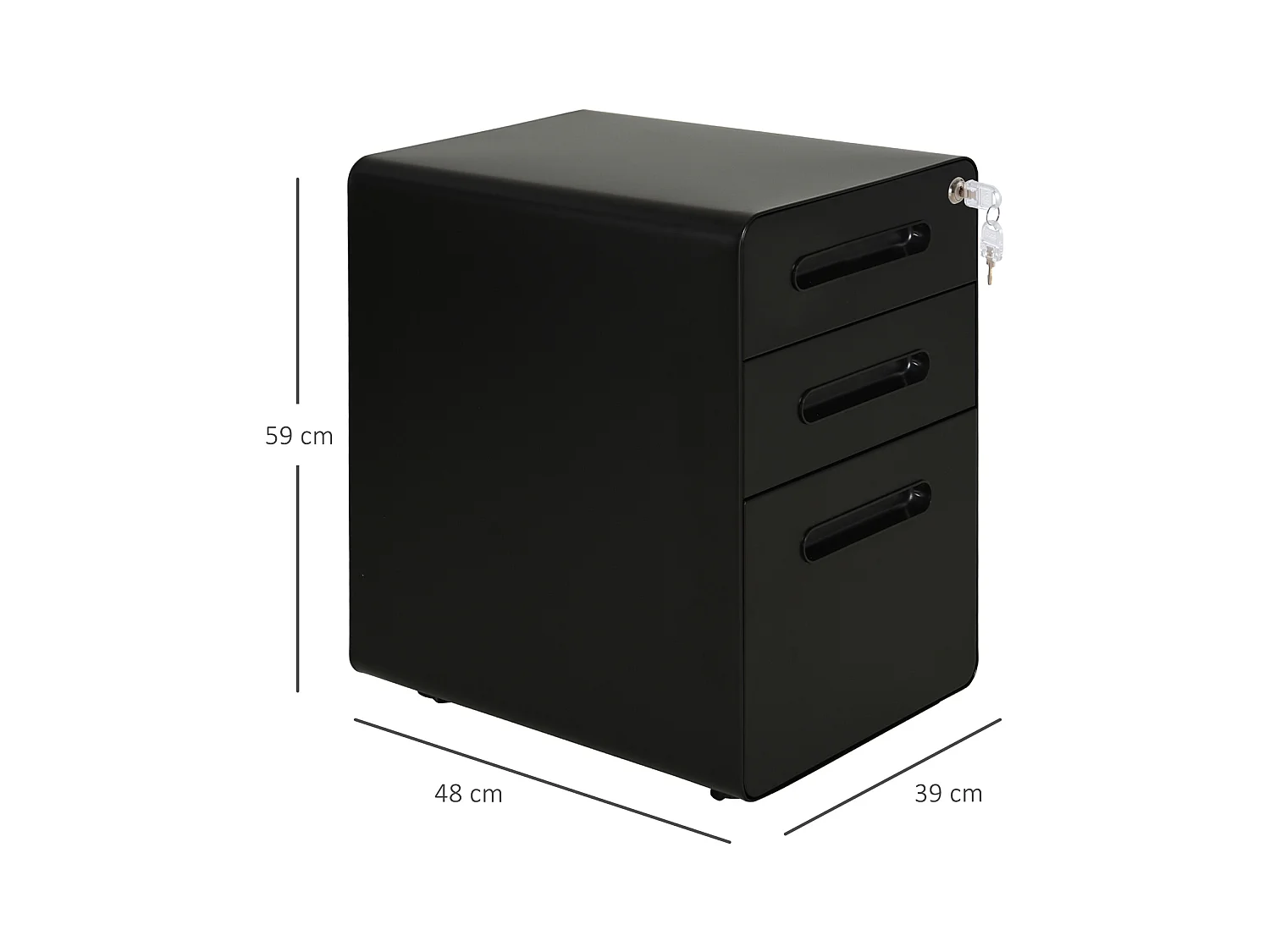 Armário de arquivo móvel com 3 gavetas, armário de escritório, aço preto, 39 x 48 x 59 cm