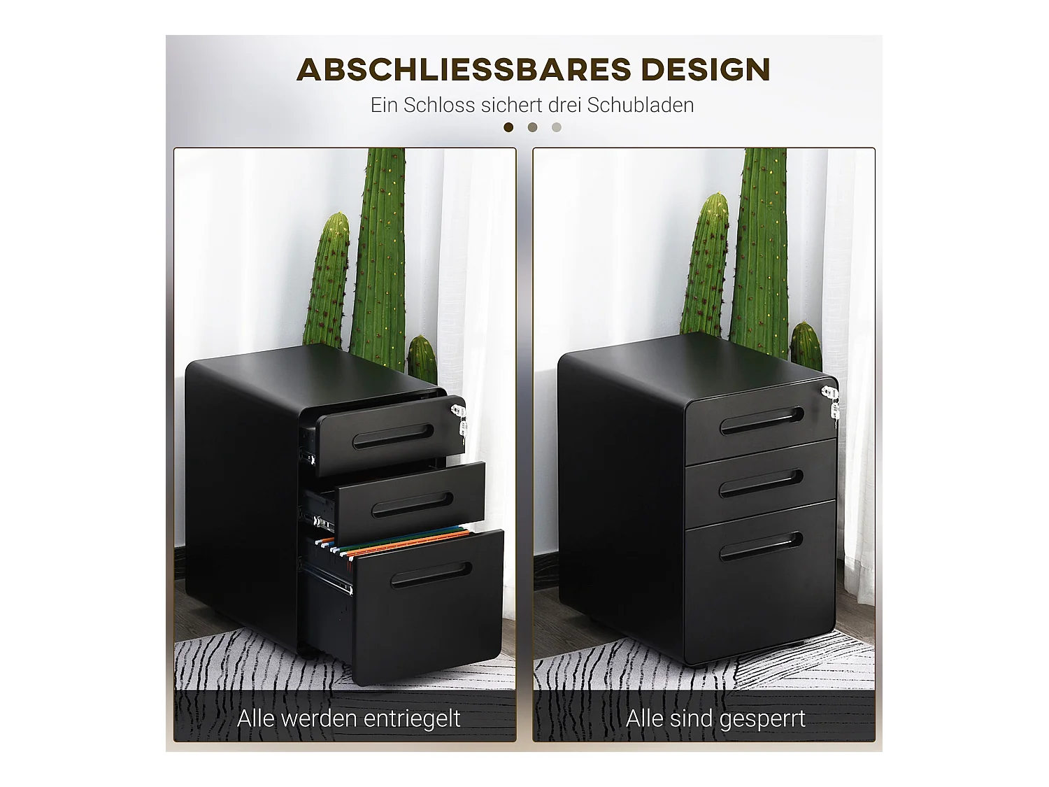 Armário de arquivo móvel com 3 gavetas, armário de escritório, aço preto, 39 x 48 x 59 cm