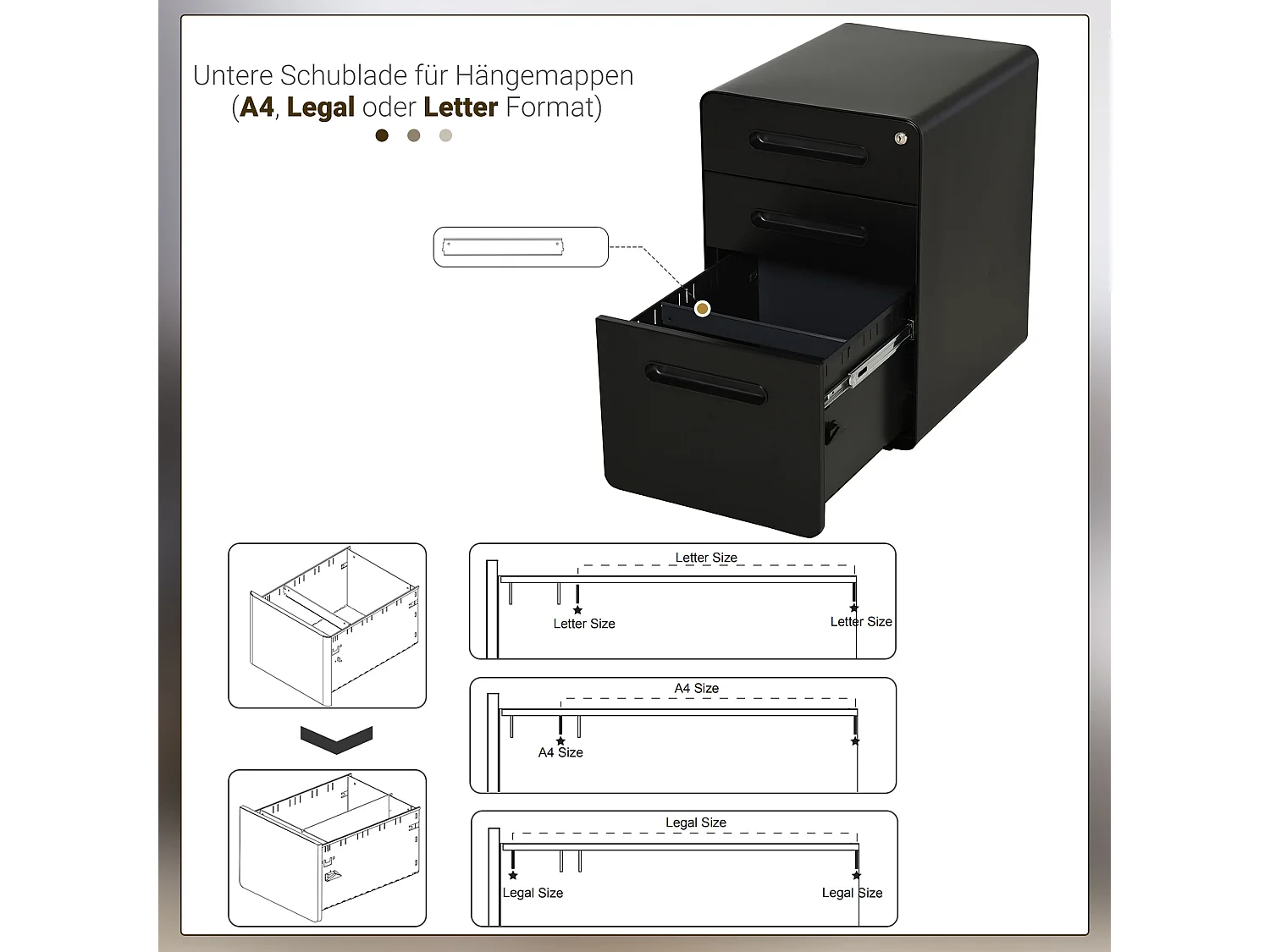 Armário de arquivo móvel com 3 gavetas, armário de escritório, aço preto, 39 x 48 x 59 cm