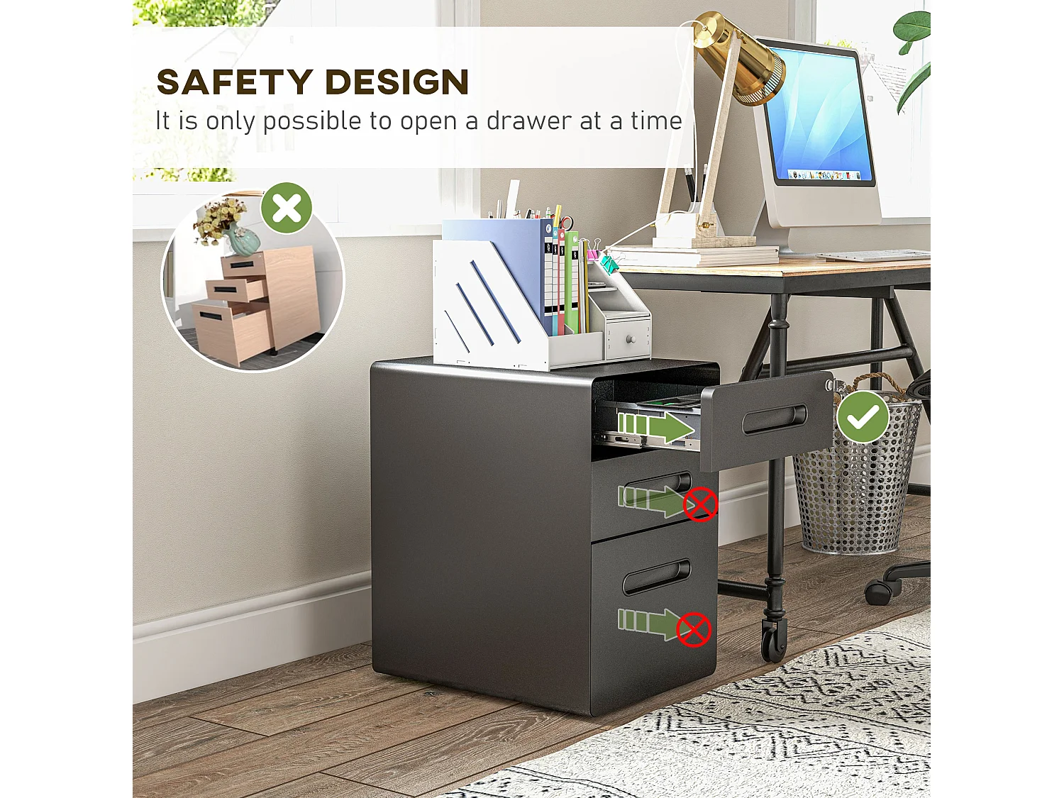 Armário de arquivo móvel com 3 gavetas, armário de escritório, aço preto, 39 x 48 x 59 cm