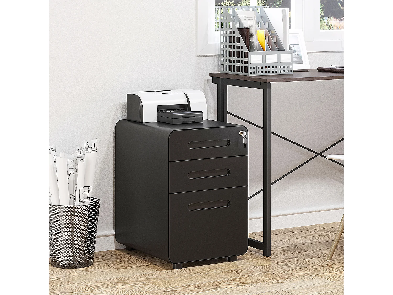 Armário de arquivo móvel com 3 gavetas, armário de escritório, aço preto, 39 x 48 x 59 cm