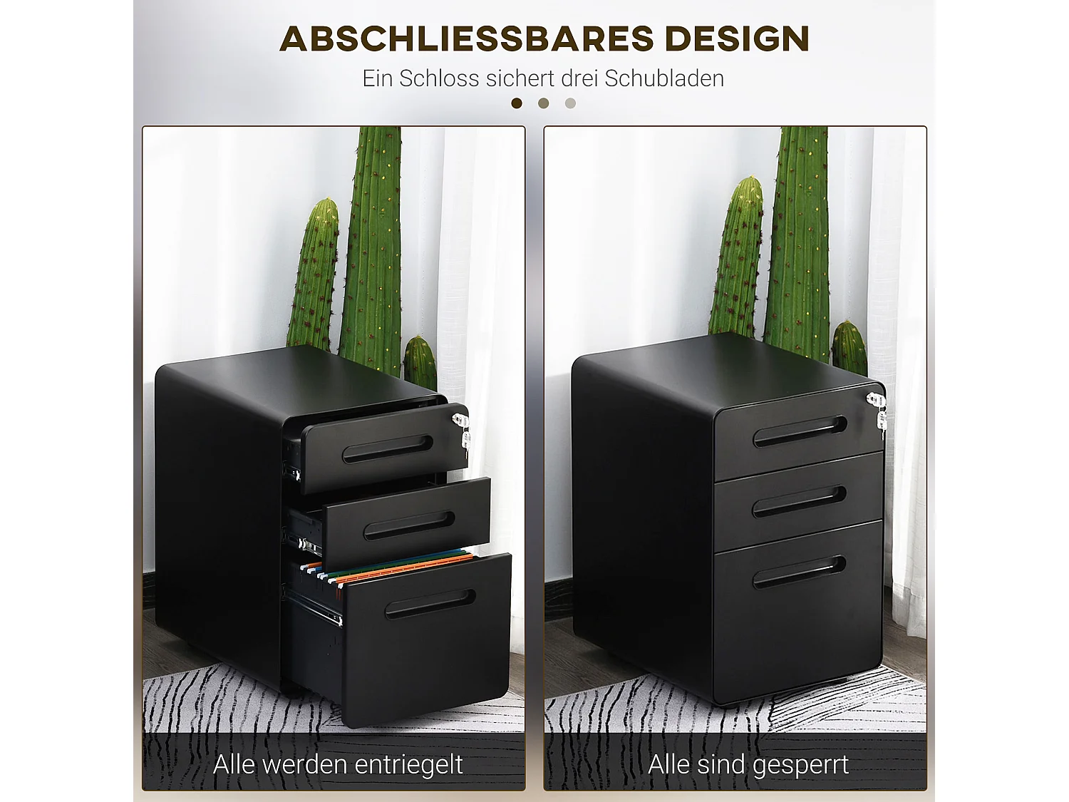 Armário de arquivo móvel com 3 gavetas, armário de escritório, aço preto, 39 x 48 x 59 cm