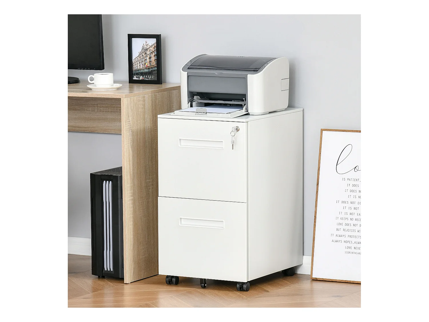 Vinsetto Rollcontainer  Aktenschrank mit 2 Schubladen, Abschließbar, Rollen, A4, Stahl