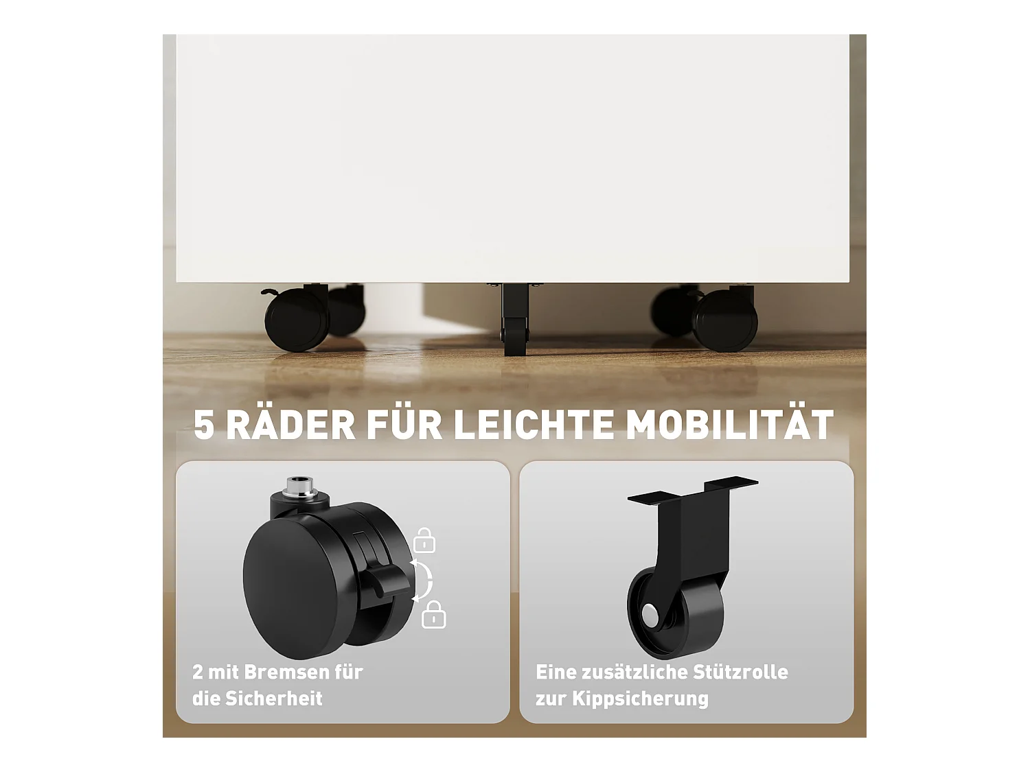 Vinsetto Rollcontainer  Aktenschrank mit 2 Schubladen, Abschließbar, Rollen, A4, Stahl