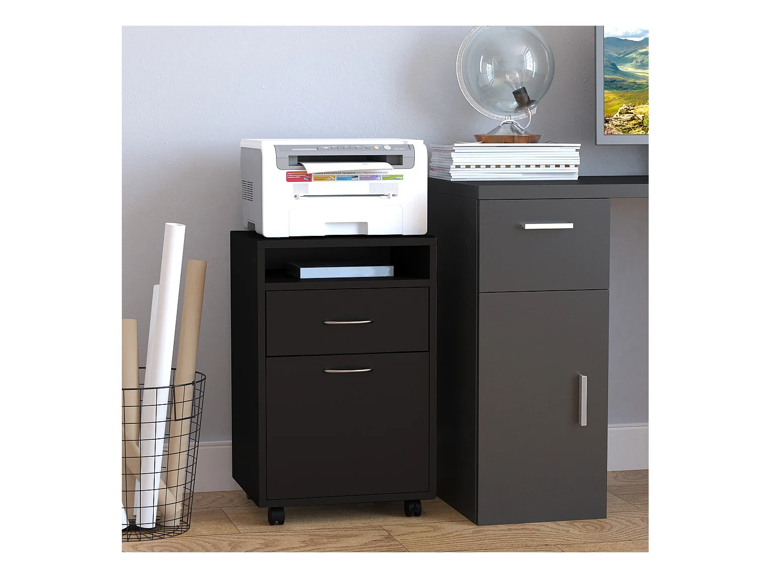 Schwarzer Rollschrank, 40 x 35 x 60 cm, mit Schublade für Büro und Zuhause