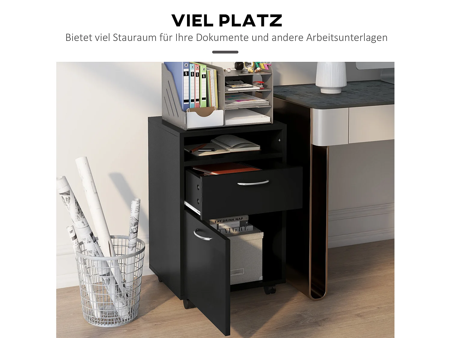 Schwarzer Rollschrank, 40 x 35 x 60 cm, mit Schublade für Büro und Zuhause