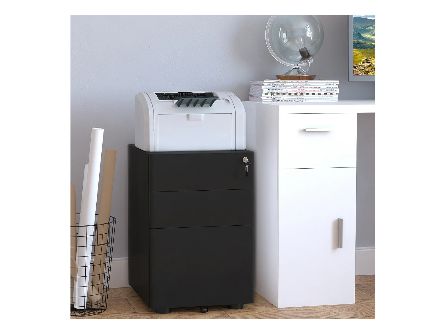 Mobiler Aktenschrank avec 3 Schubladen Büroschrank en acier noir 39x48x59cm