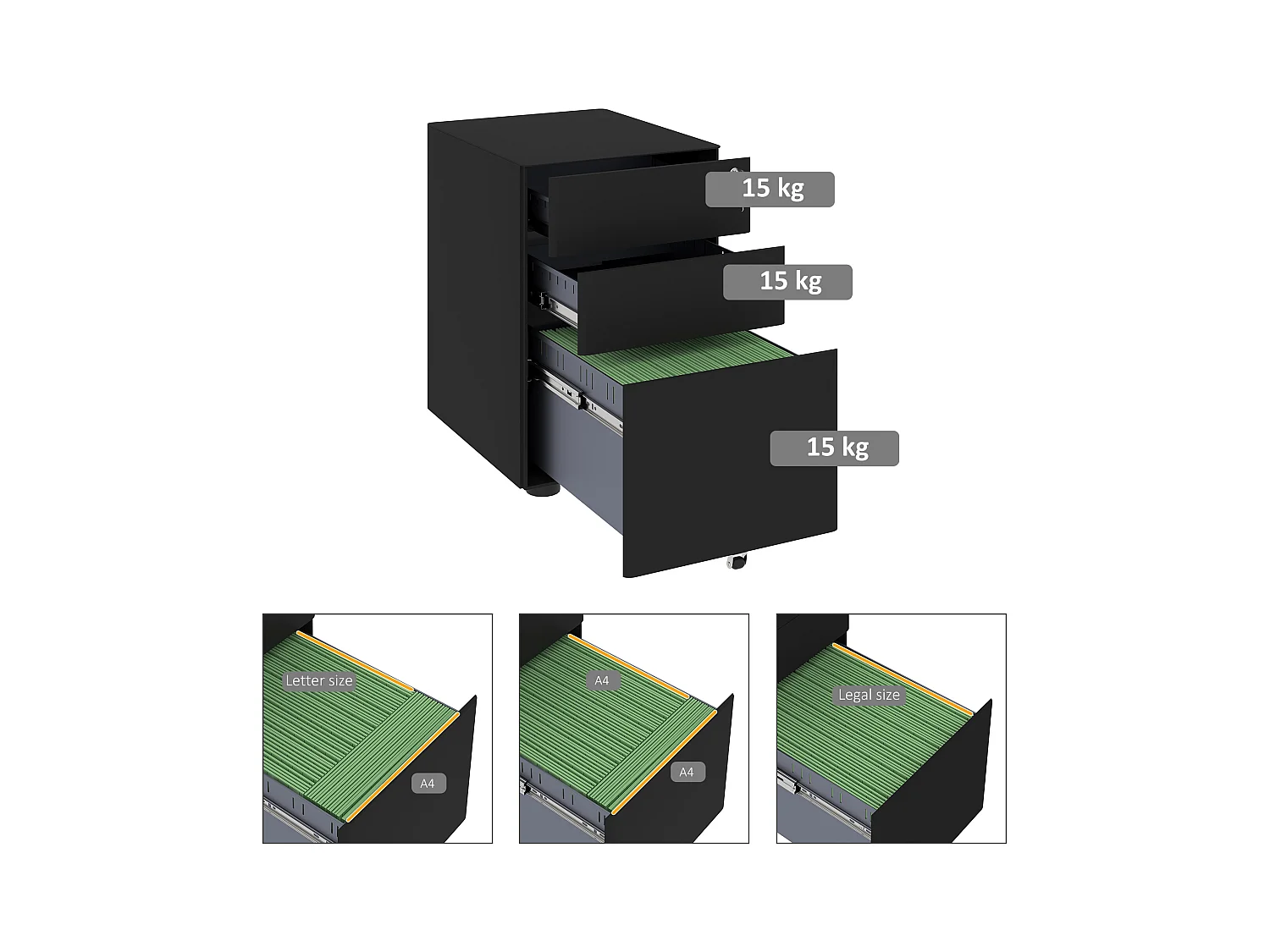 Mobiler Aktenschrank avec 3 Schubladen Büroschrank en acier noir 39x48x59cm