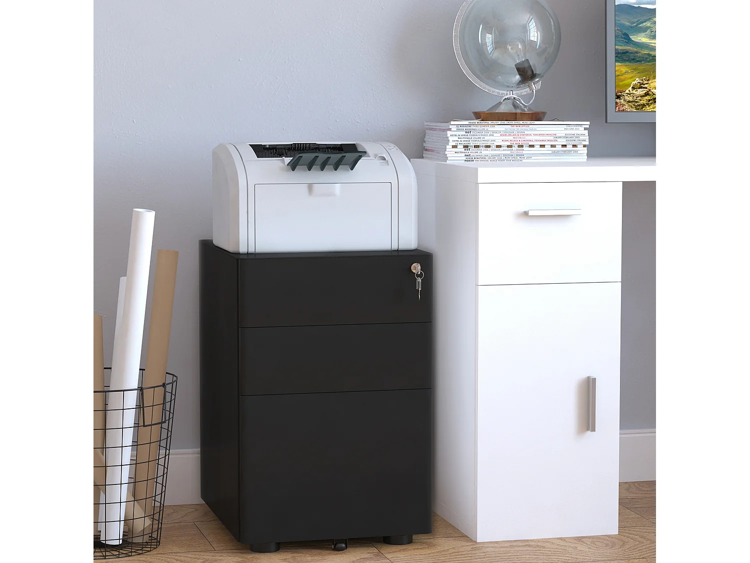 Mobiele kantoorkast met 3 hangmappen, zwart staal, 39x48x59cm