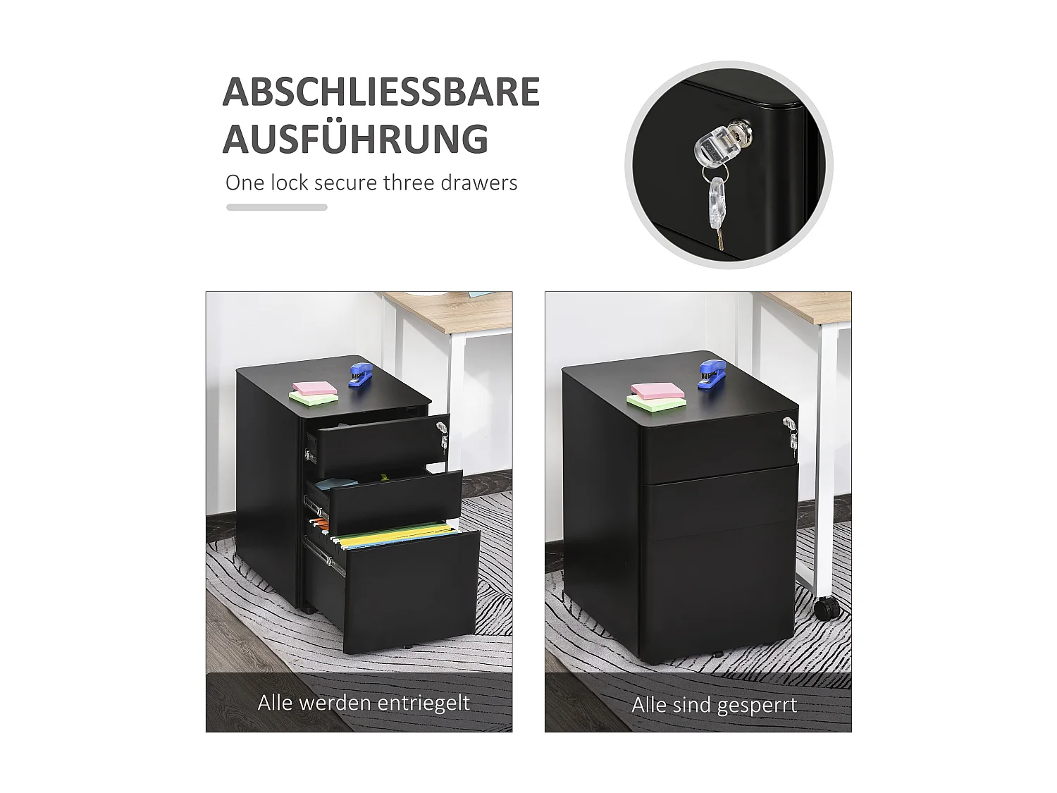 Mobiele kantoorkast met 3 hangmappen, zwart staal, 39x48x59cm