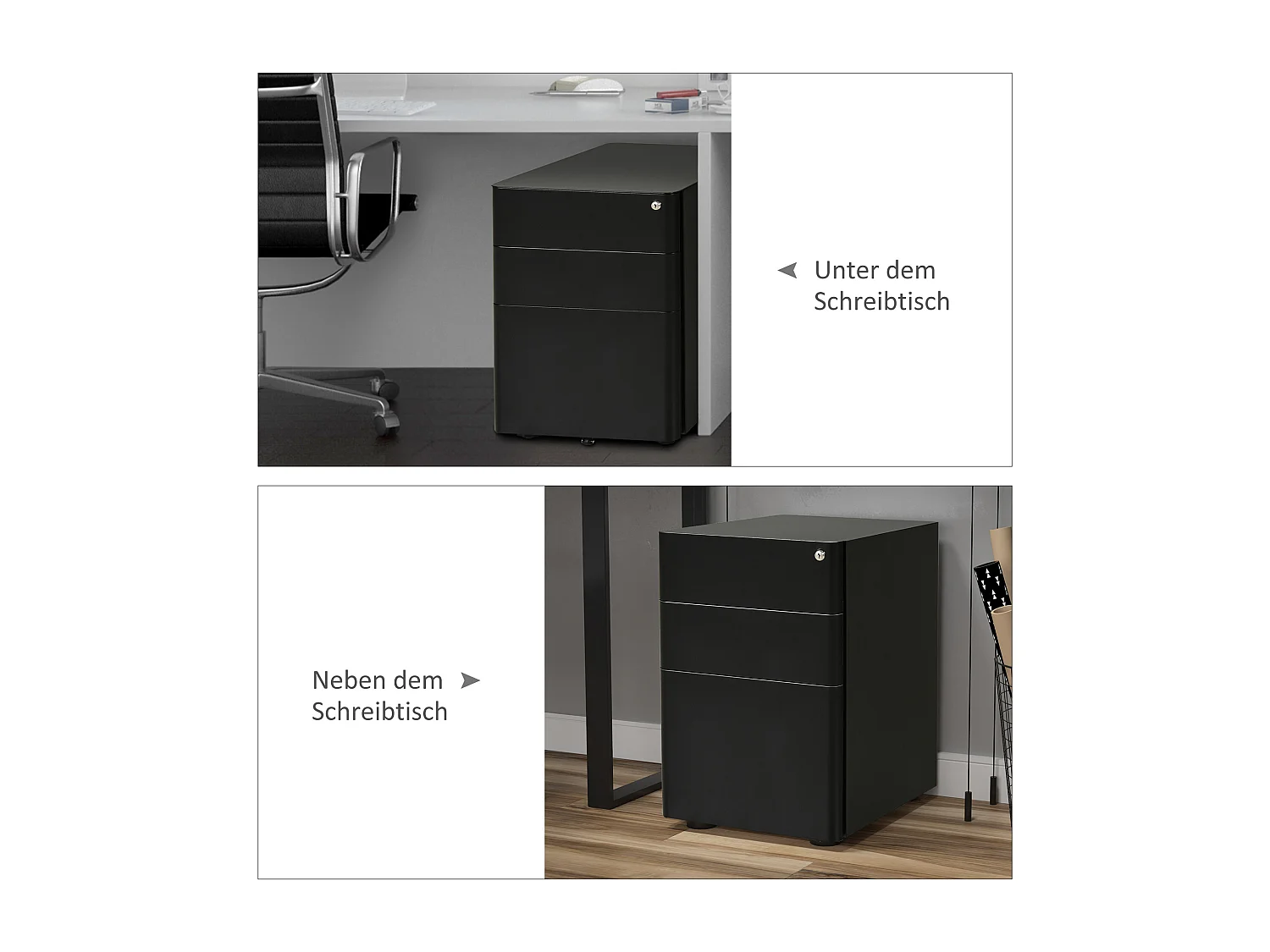 Mobiele kantoorkast met 3 hangmappen, zwart staal, 39x48x59cm