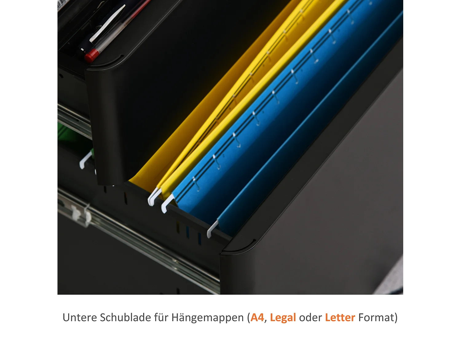 Mobiele kantoorkast met 3 hangmappen, zwart staal, 39x48x59cm