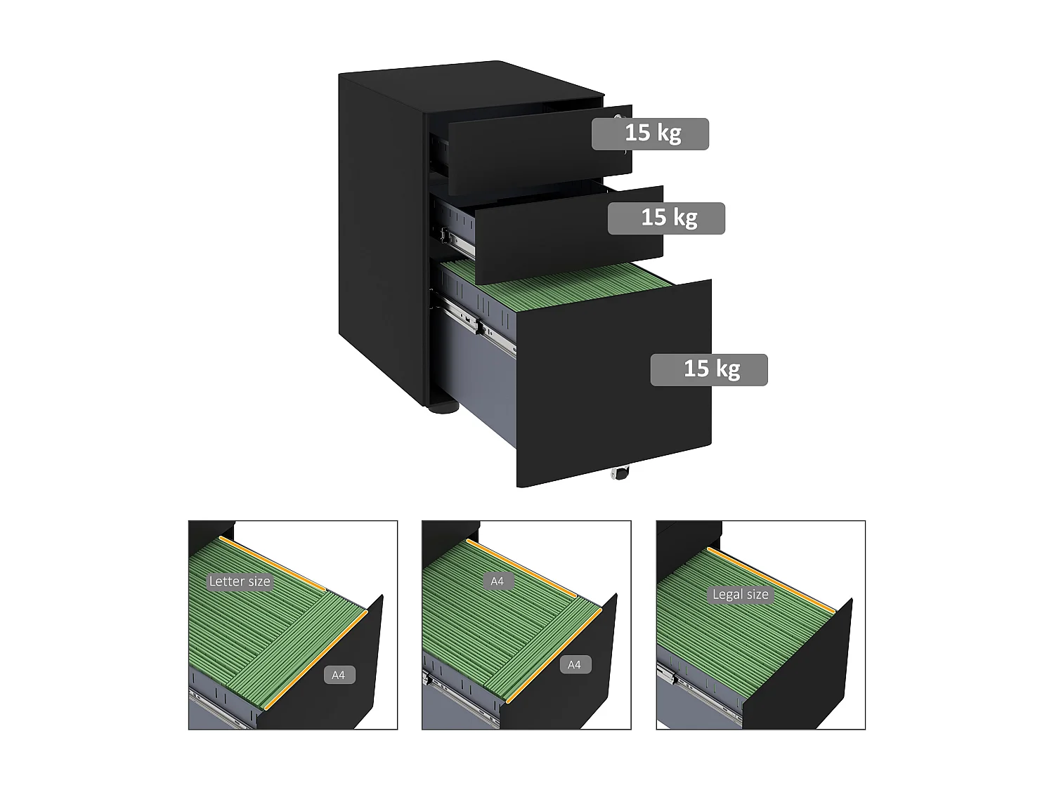 Mobiele kantoorkast met 3 hangmappen, zwart staal, 39x48x59cm