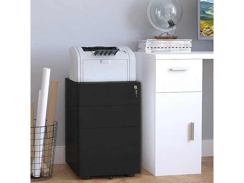 Mobiletto porta stampante mobile con 3 cartelle sospese, acciaio nero, 39x48x59 cm