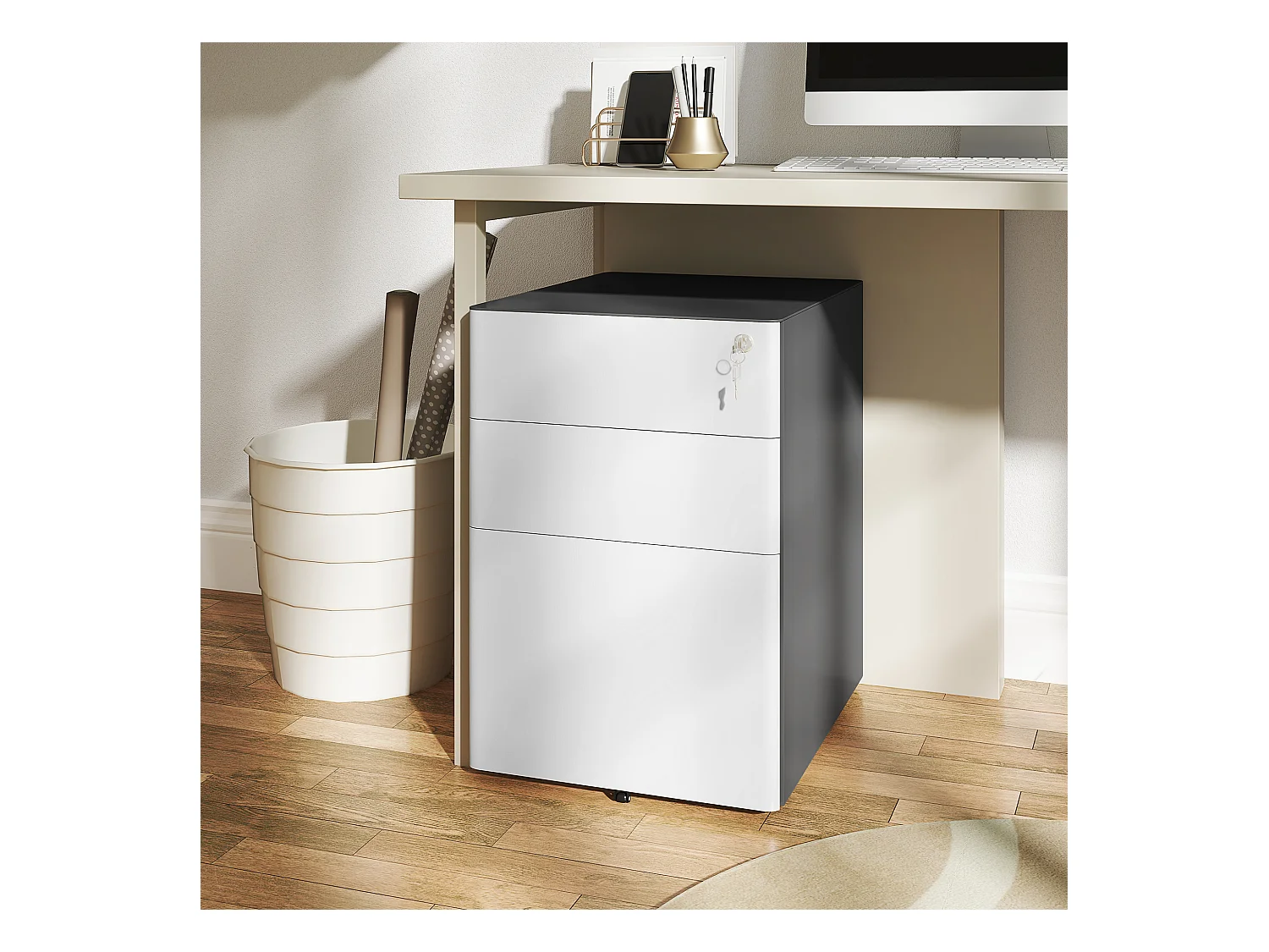 Rollbarer Aktenschrank mit 3 Schubladen, abschließbarer Büroschrank mit Hängeregistratur