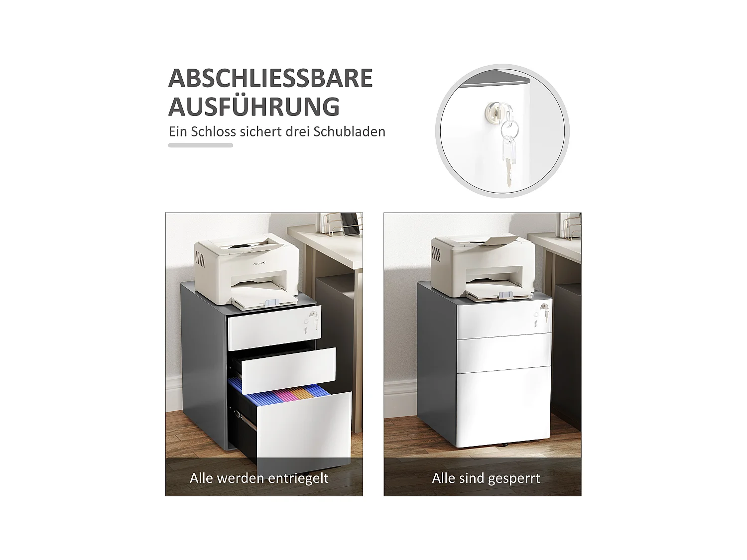 Rollbarer Aktenschrank mit 3 Schubladen, abschließbarer Büroschrank mit Hängeregistratur