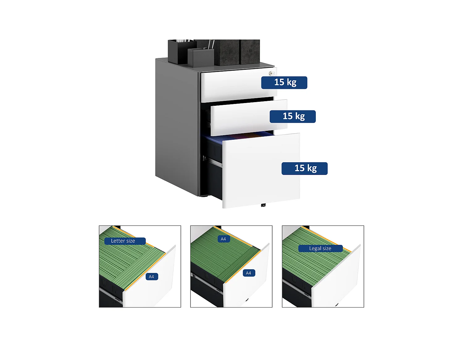Rollbarer Aktenschrank mit 3 Schubladen, abschließbarer Büroschrank mit Hängeregistratur