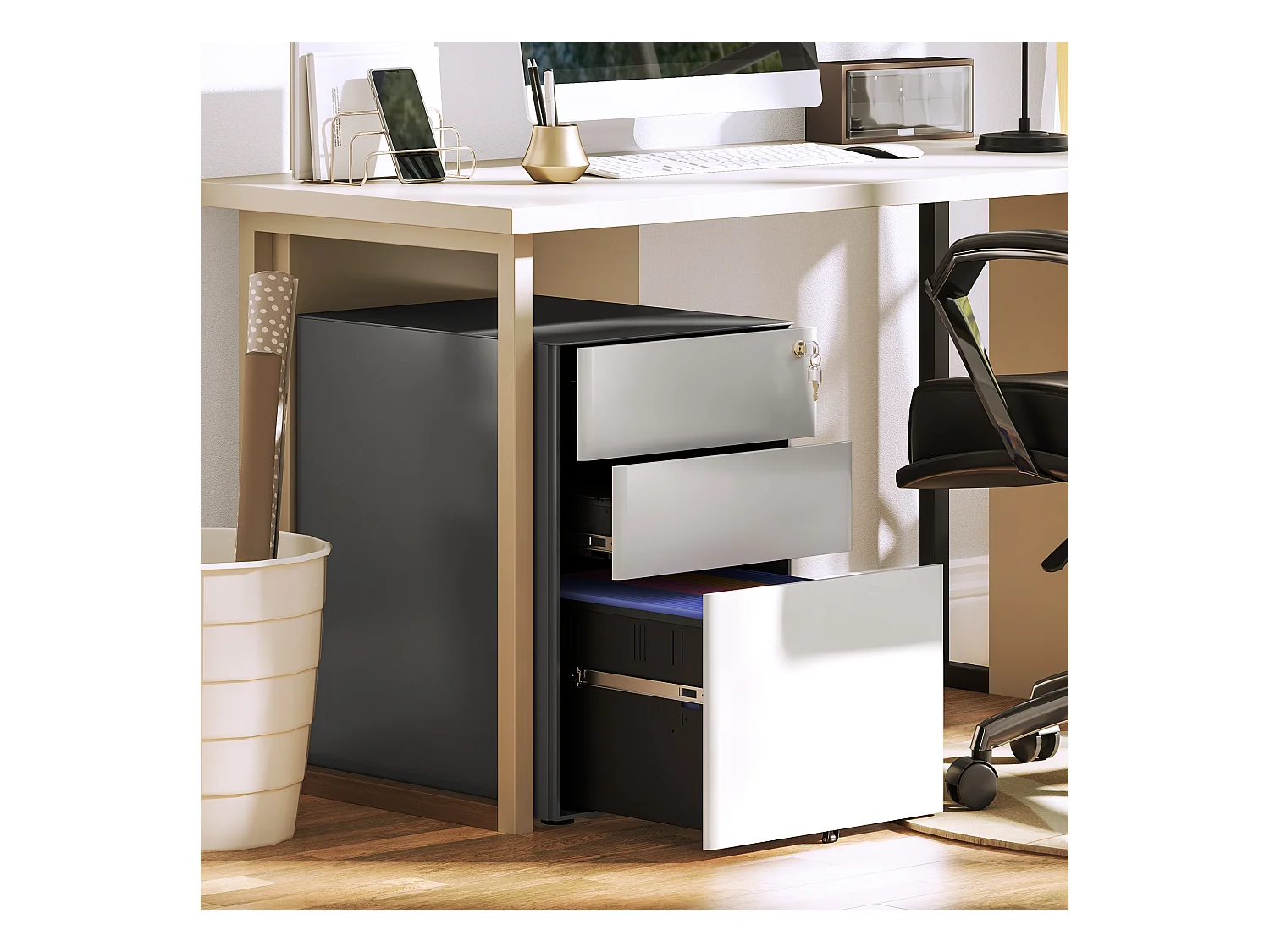 Rollbarer Aktenschrank mit 3 Schubladen, abschließbarer Büroschrank mit Hängeregistratur