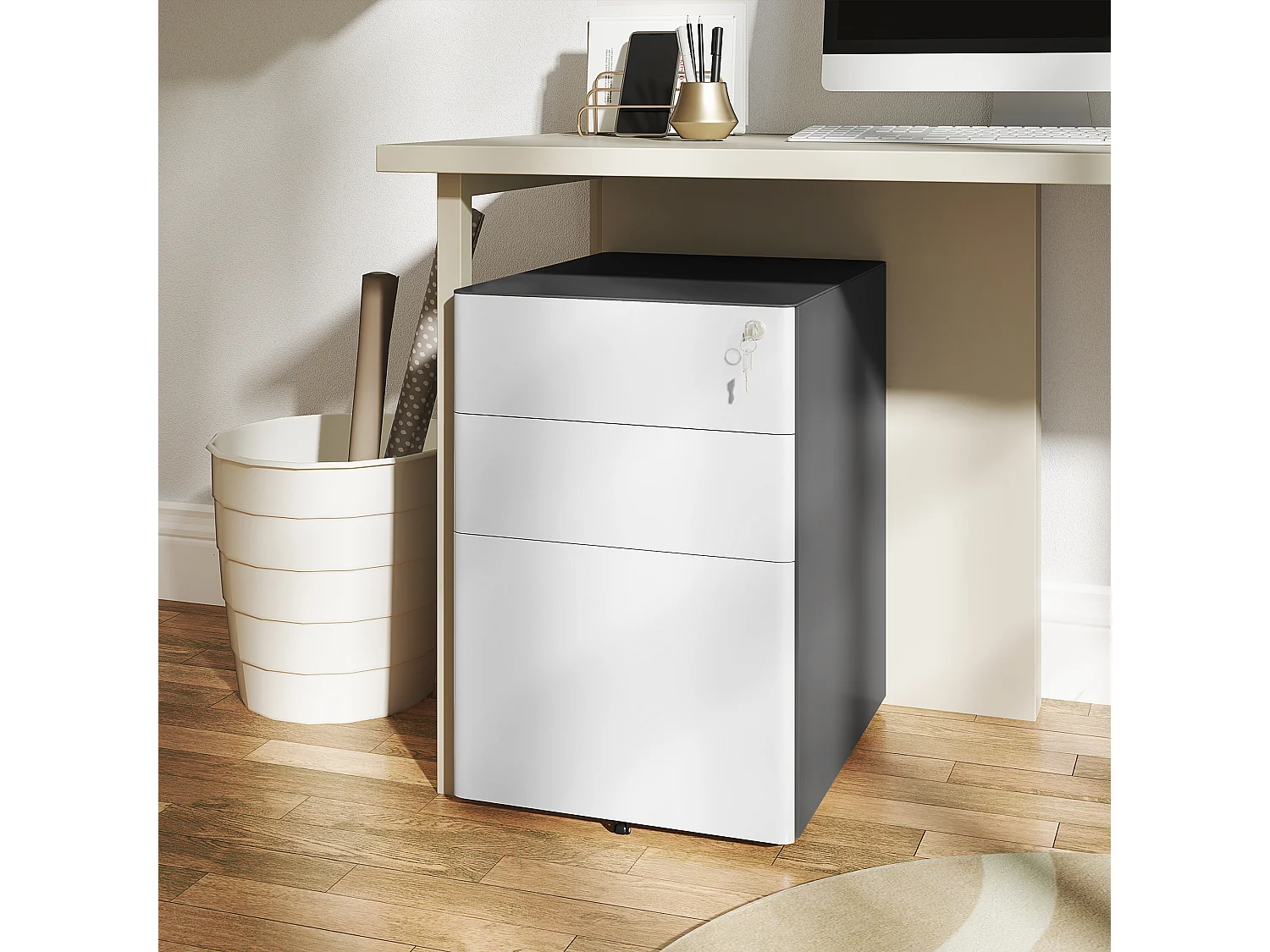 Mobiele archiefkast met 3 lades, afsluitbaar kantoorkast met hangmappen