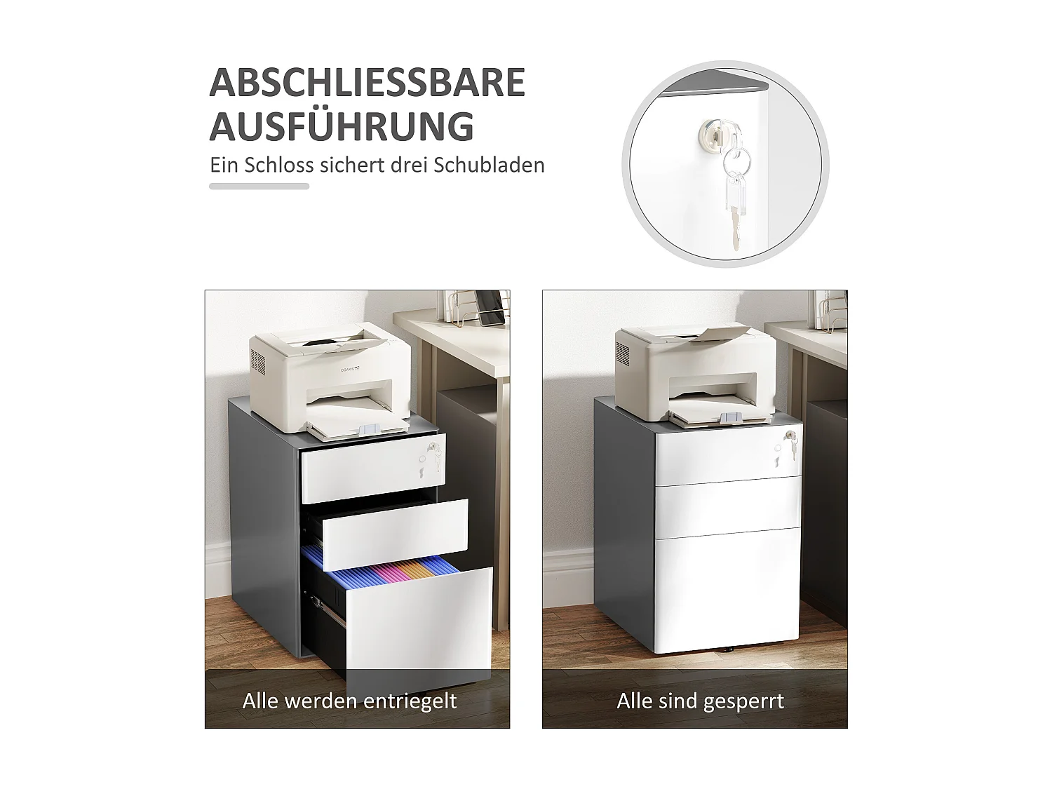 Mobiele archiefkast met 3 lades, afsluitbaar kantoorkast met hangmappen