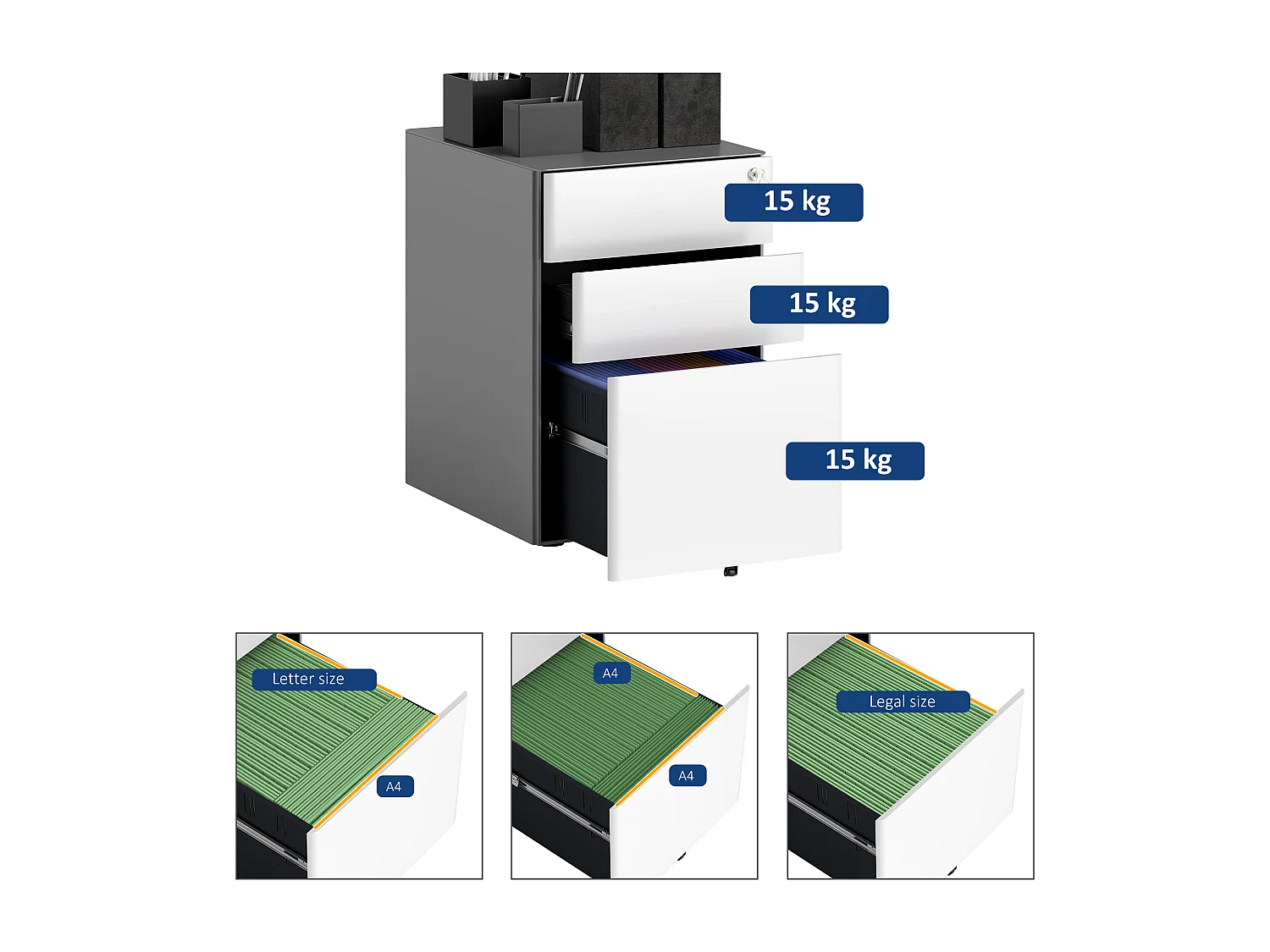 Mobiele archiefkast met 3 lades, afsluitbaar kantoorkast met hangmappen