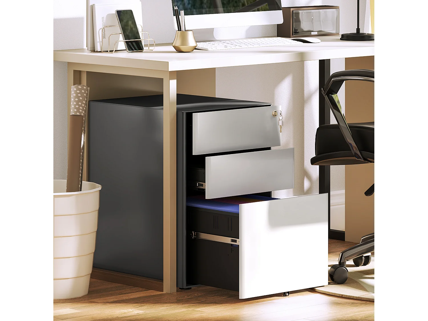 Mobiele archiefkast met 3 lades, afsluitbaar kantoorkast met hangmappen